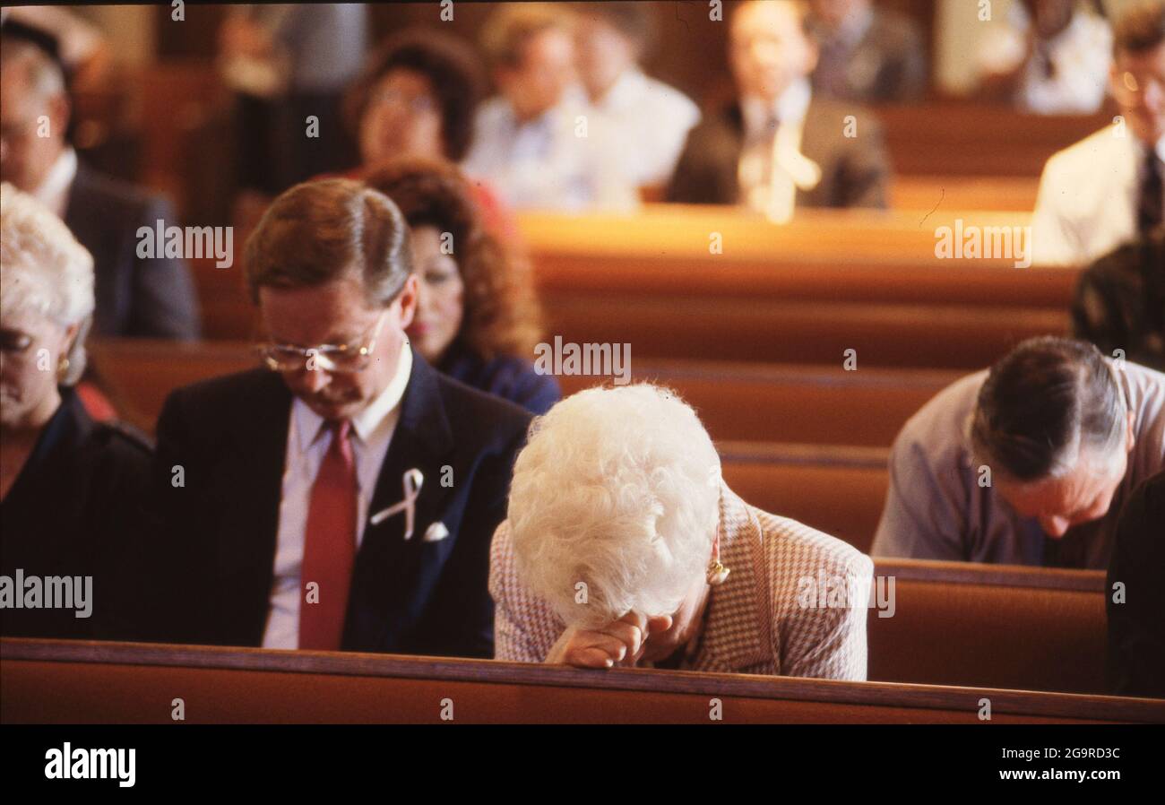 Killeen Texas USA, October 1991: Texas Governor Ann Richards attends a memorial  service for victims of a mass shooting at Luby's Cafeteria in Killeen. on October 16. George Hennard, a 35-year-old Killeen resident, crashed a pickup into the eatery and shot 23 people to death before killing himself. ©Bob Daemmrich Stock Photo