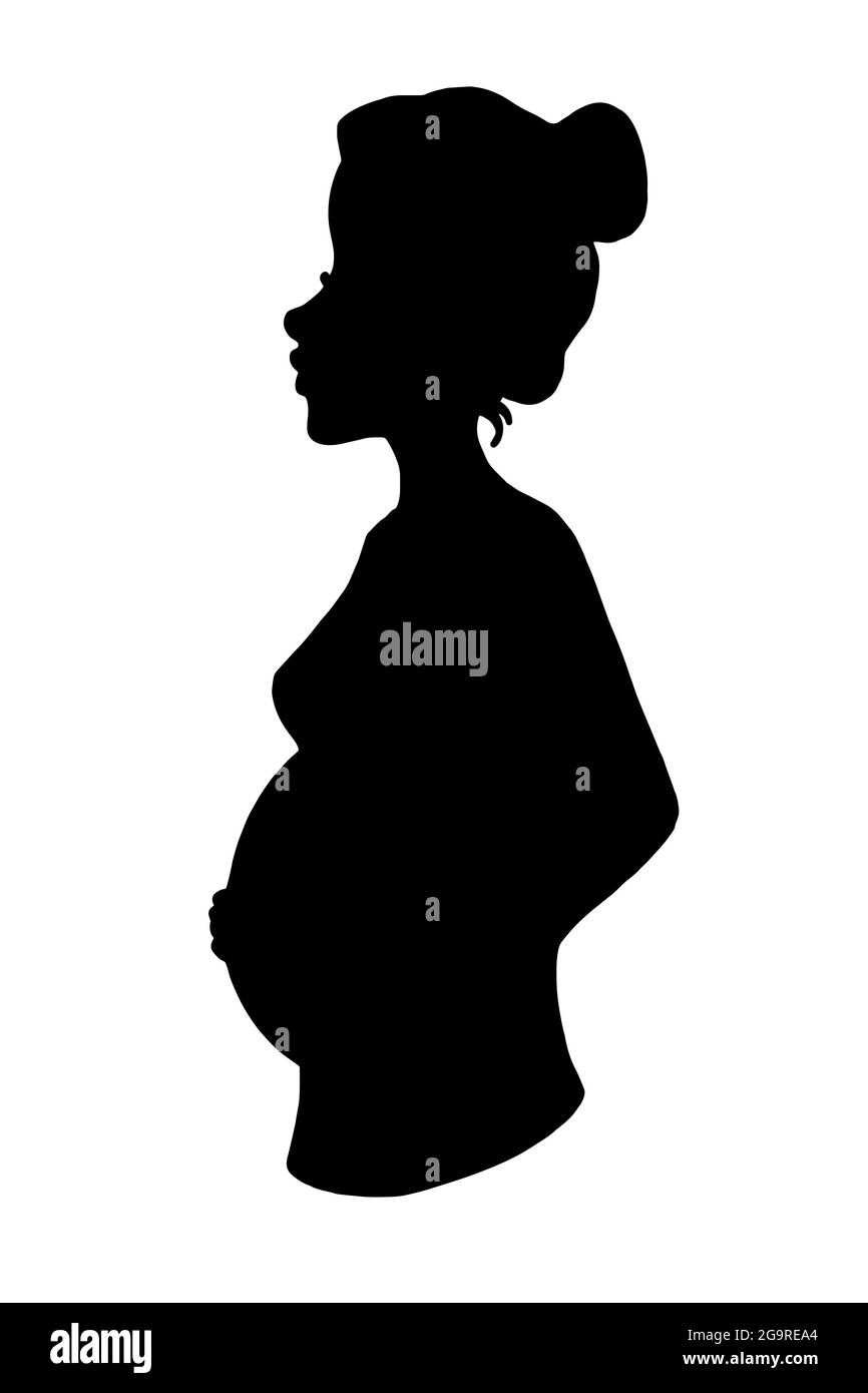 Cartoon ,pregnat woman  half body silhouette, greeting card . Stock Photo