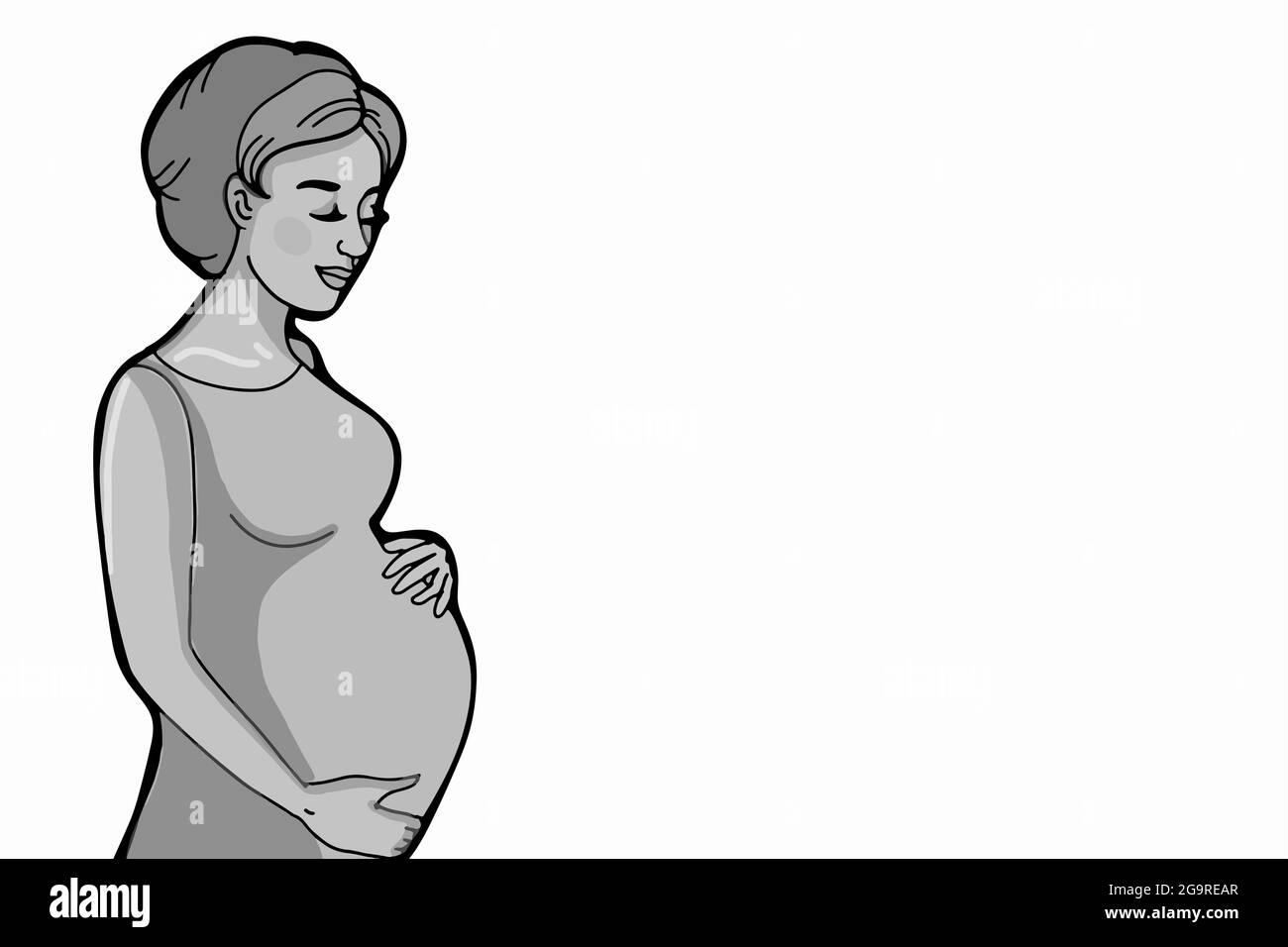 Cartoon ,pregnat woman  half body silhouette, greeting card  and grey colors, textured. Stock Photo