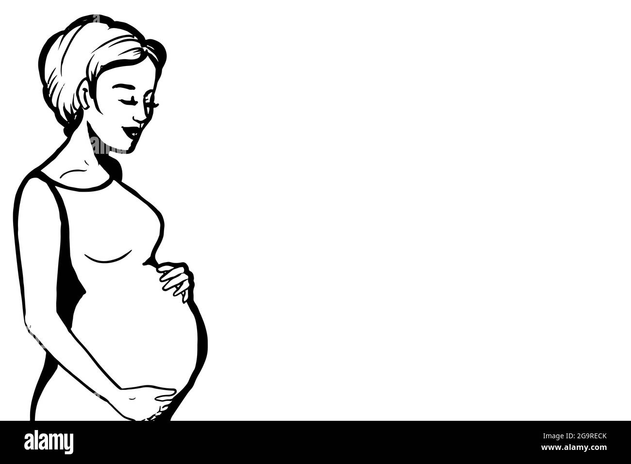 Cartoon ,pregnat woman  half body silhouette, greeting card  and  line drawing Stock Photo