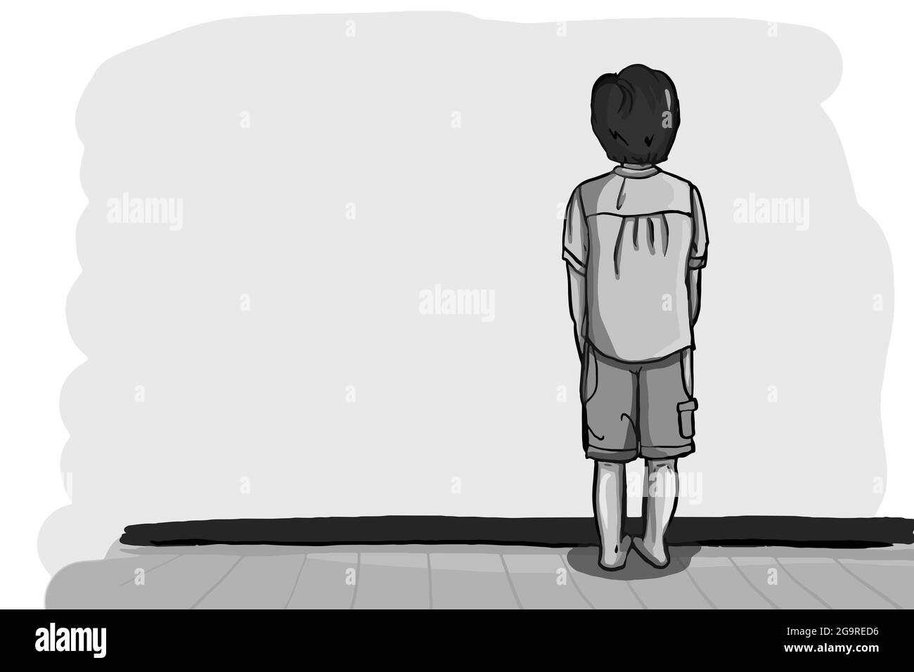 Cartoon ,child, turning a wall ,time - out illustration drawing ,colorful,gray colors. Stock Photo