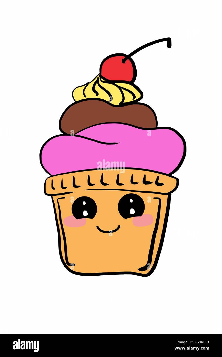 Cup cake cartoon and kawaii face , illustration drawing Stock Photo - Alamy