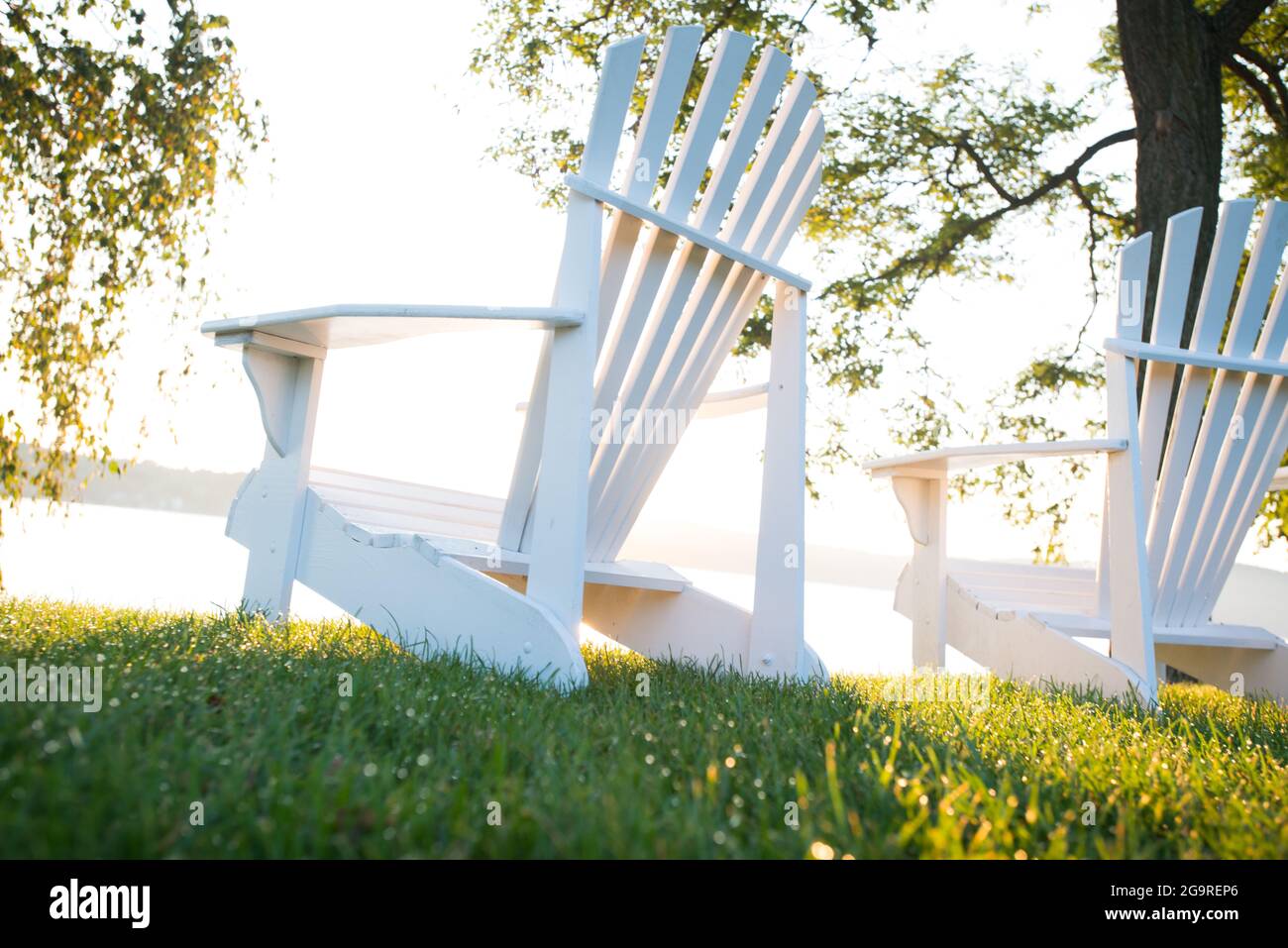 Adirondack Chairs Beside Lake Winnipesaukee, New Hampshire, USA Stock