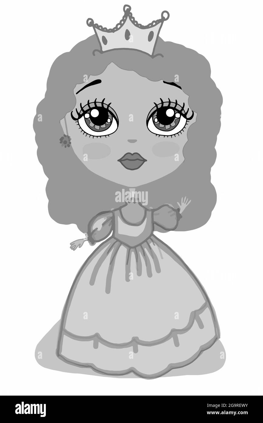 Cute, sweet, cartoon ,girl  princess characters illustration drawing.Gray colors. Stock Photo