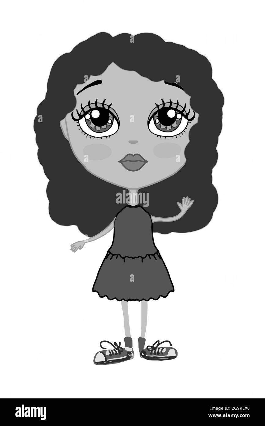 Cute, sweet, cartoon ,girl  princess characters illustration drawing.Gray colors. Stock Photo