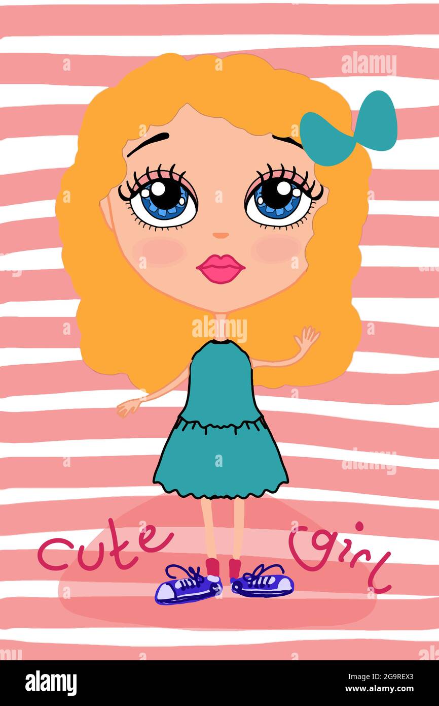 Cute, sweet, cartoon ,girl  princess characters illustration drawing. Pink line background. Stock Photo