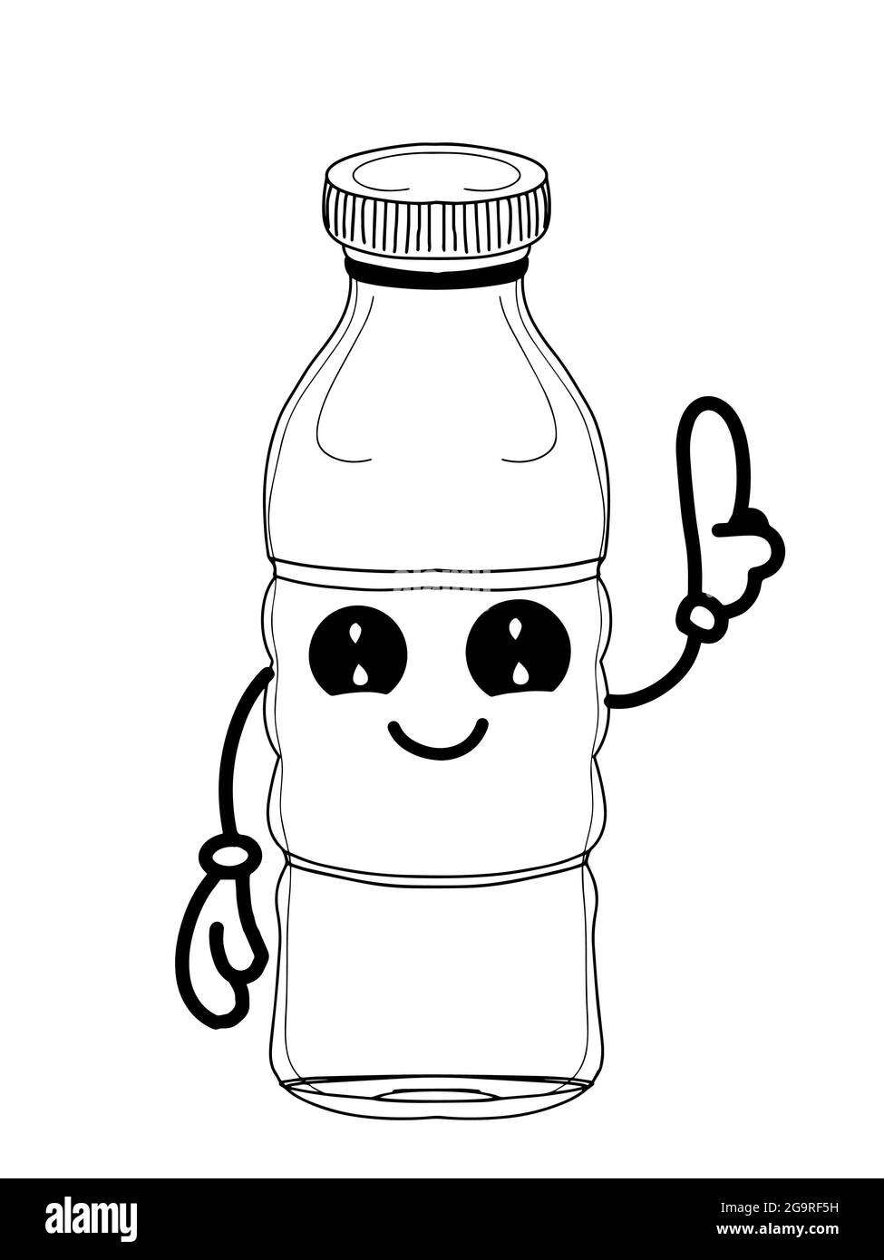 Cute, kawaii character, water bottle,up pointing ,illustration line  drawing. Stock Photo