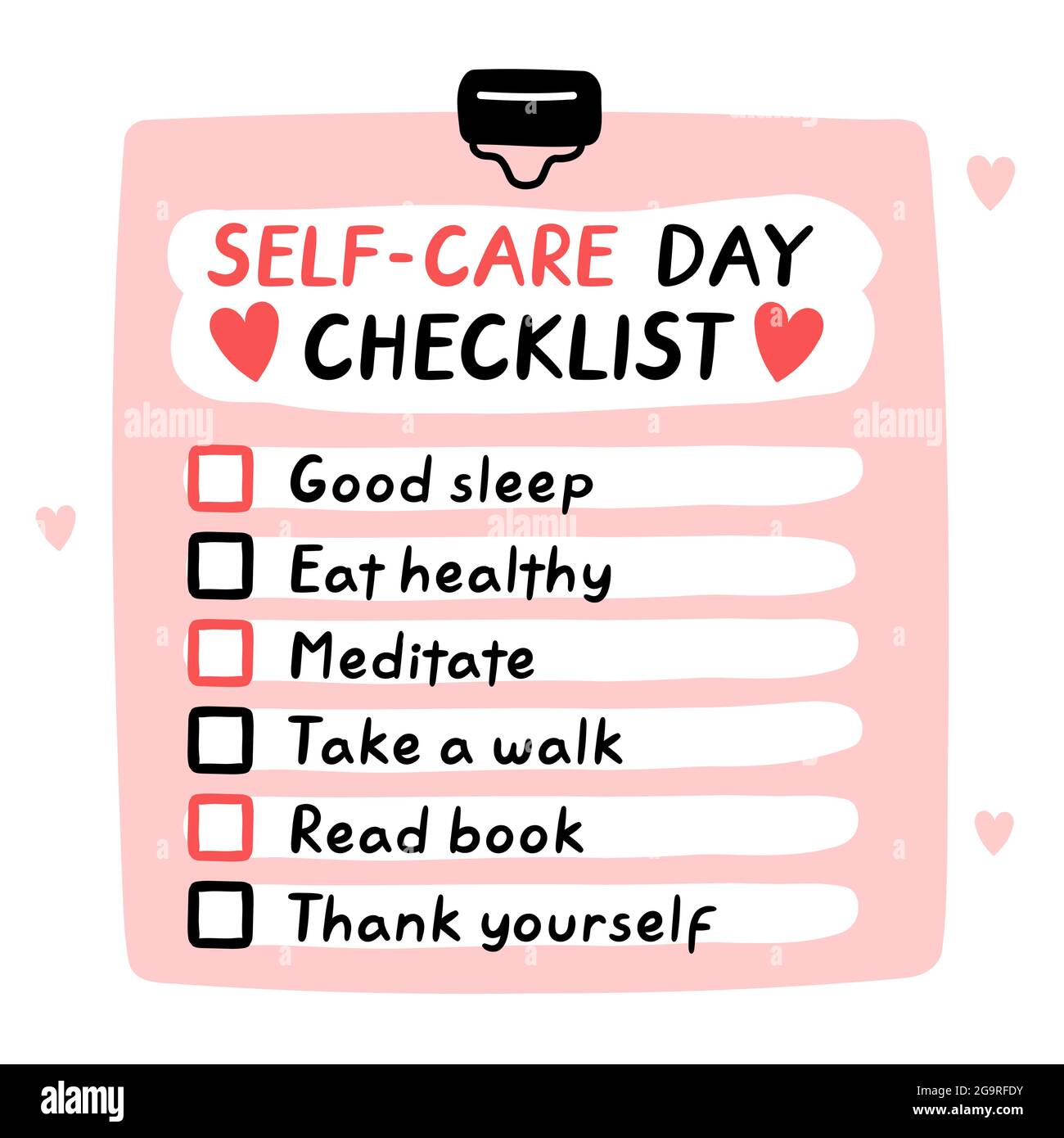 Cute funny self-care day checklist, to do list, checklist. Vector hand drawn cartoon kawaii character illustration icon. Day of Self-care checklist sticker, card, poster concept Stock Vector
