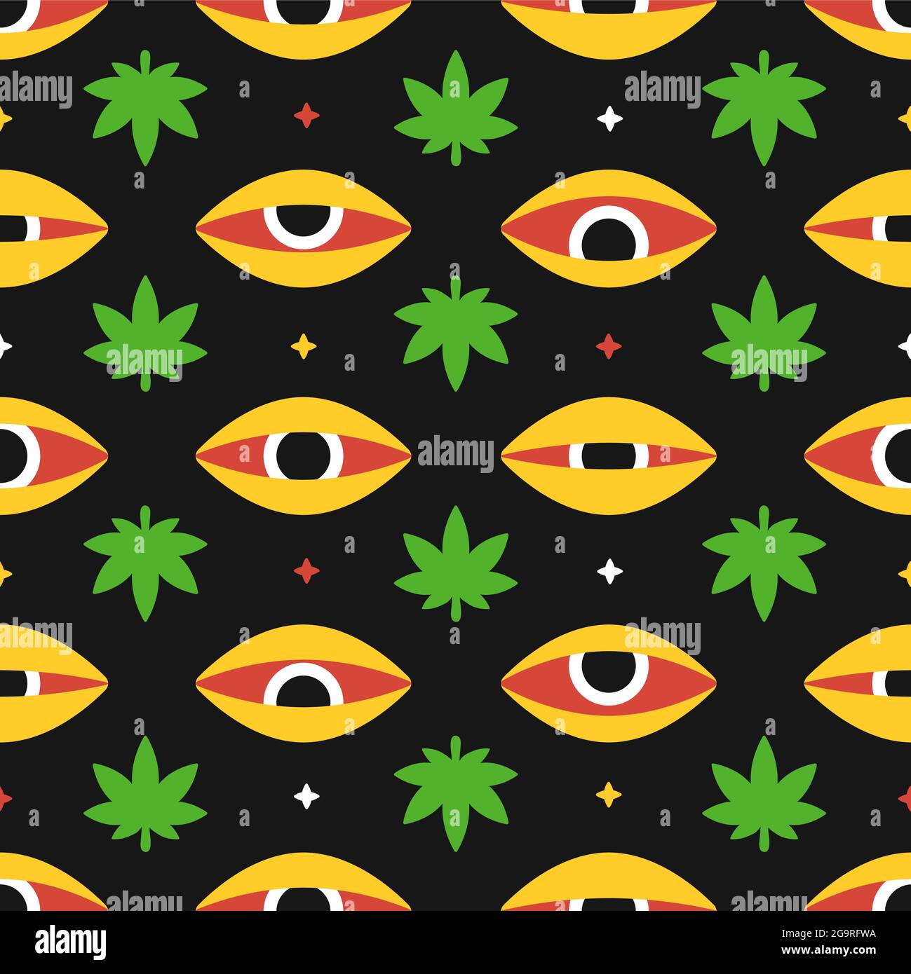 Weed cannabis leafs and red eyes seamless pattern. Vector hand drawn cartoon illustration icon design. Trippy marijuana cannabis weed and high eyes, dope seamless pattern concept Stock Vector