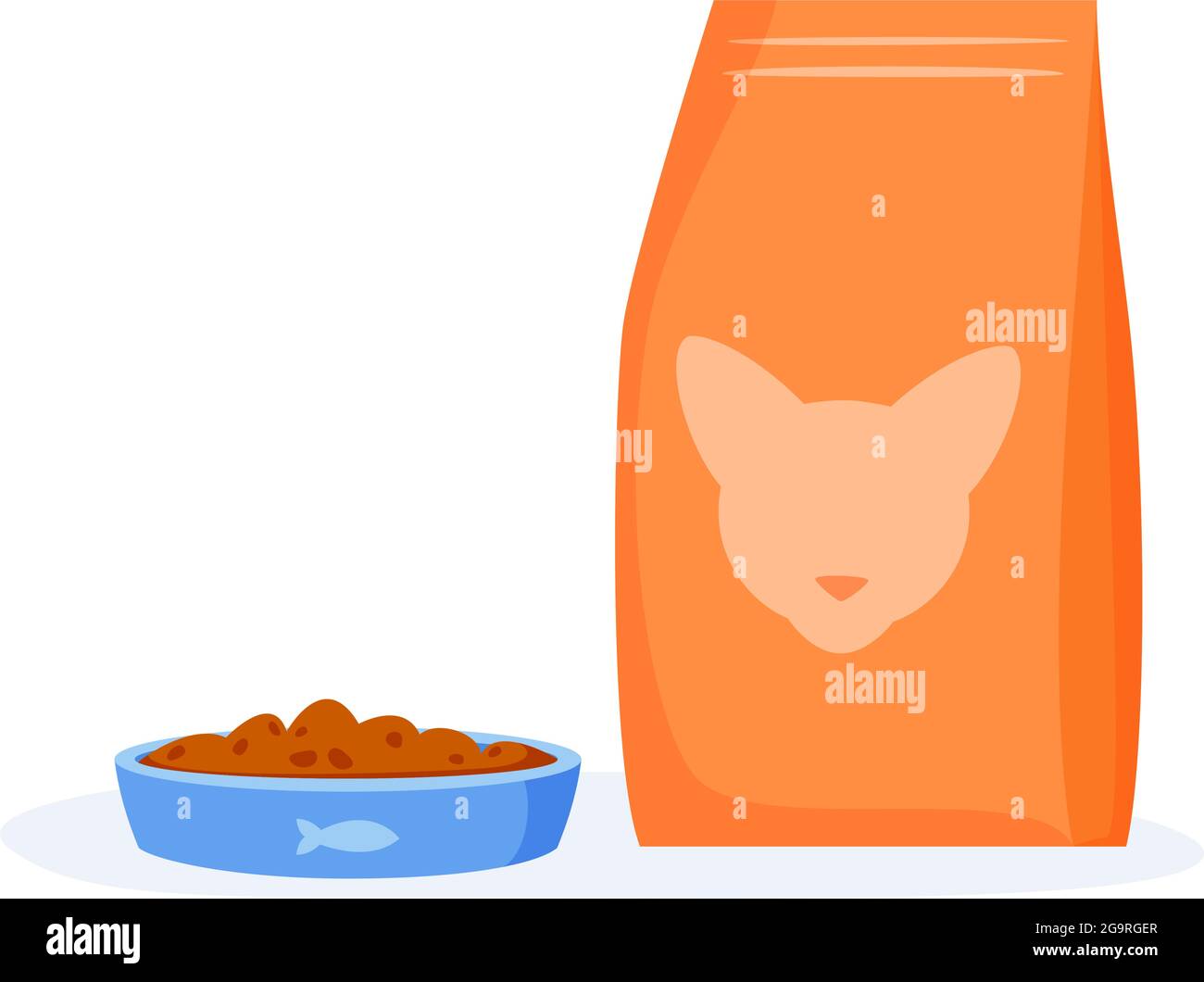 Cat food in bowl. Cat kibble in package or beg. Flat style vector  Stock Vector