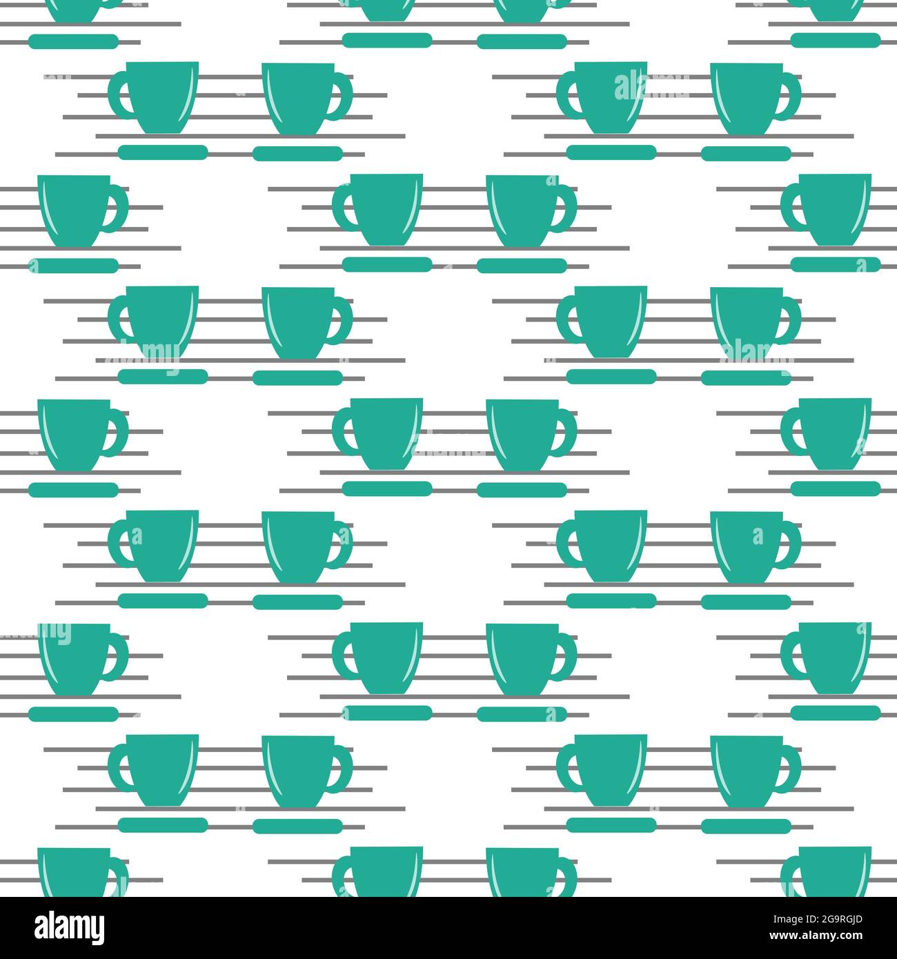 Pattern with turquoise cups. Vector stylized illustration on a white background with stripes. Stock Vector