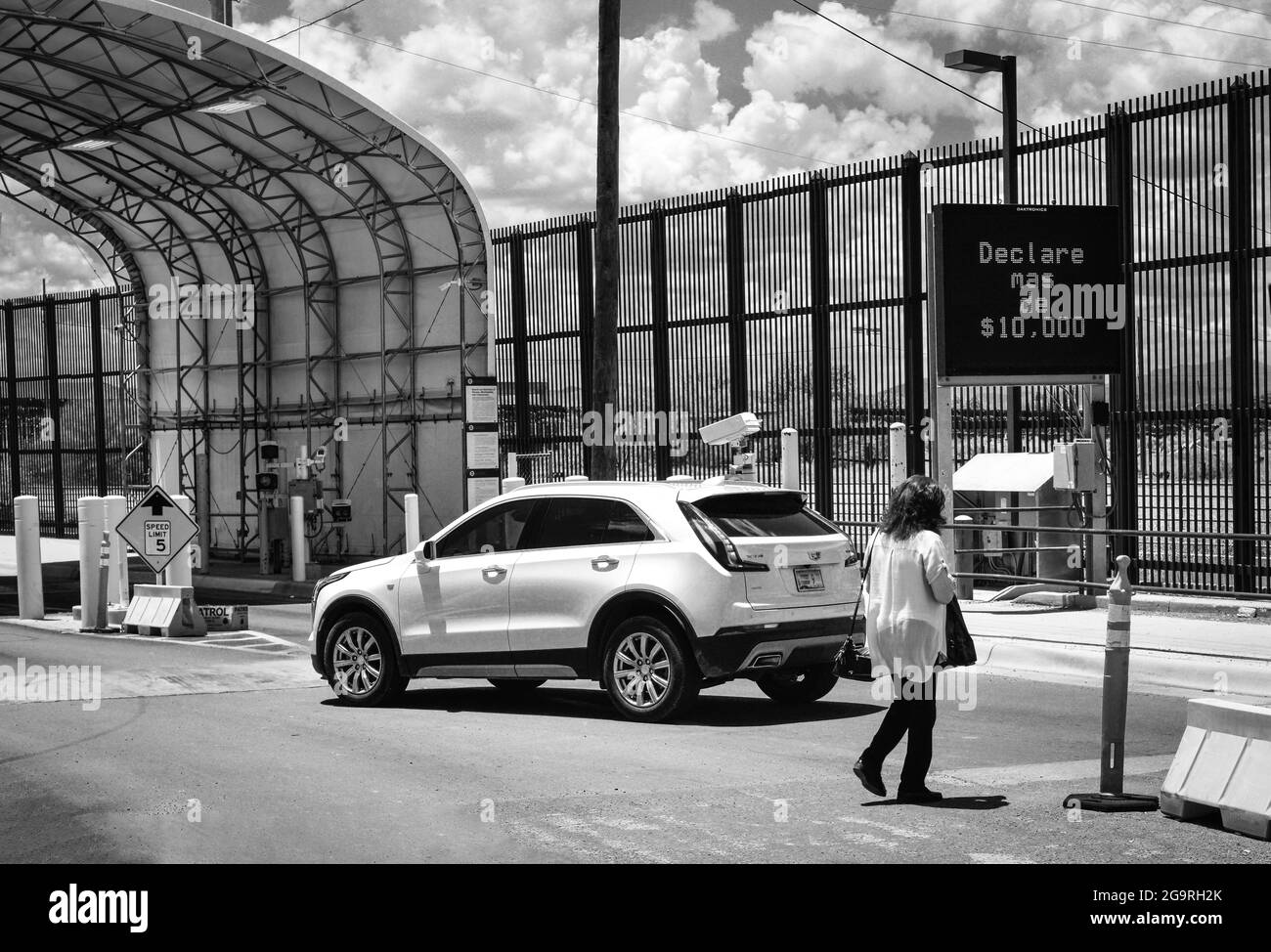 US Customs and Border protection crossing at Douglas, AZ,  Port of Entry on the Mexico-US border for Agua Prieta, Sonora, MX in the USA in B&W Stock Photo