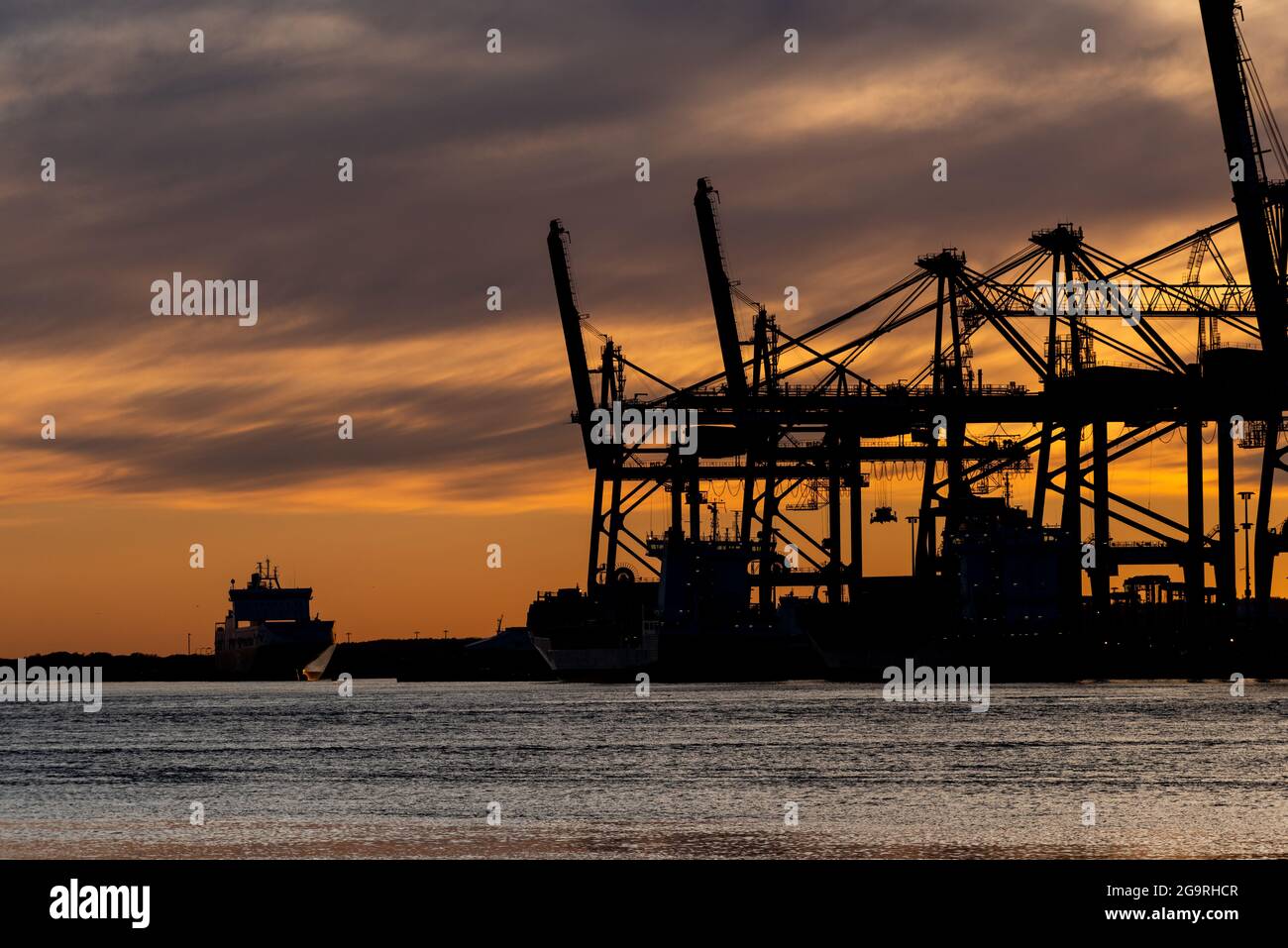 Silhouettes of ship to shore cranes at sunset. Stock Photo