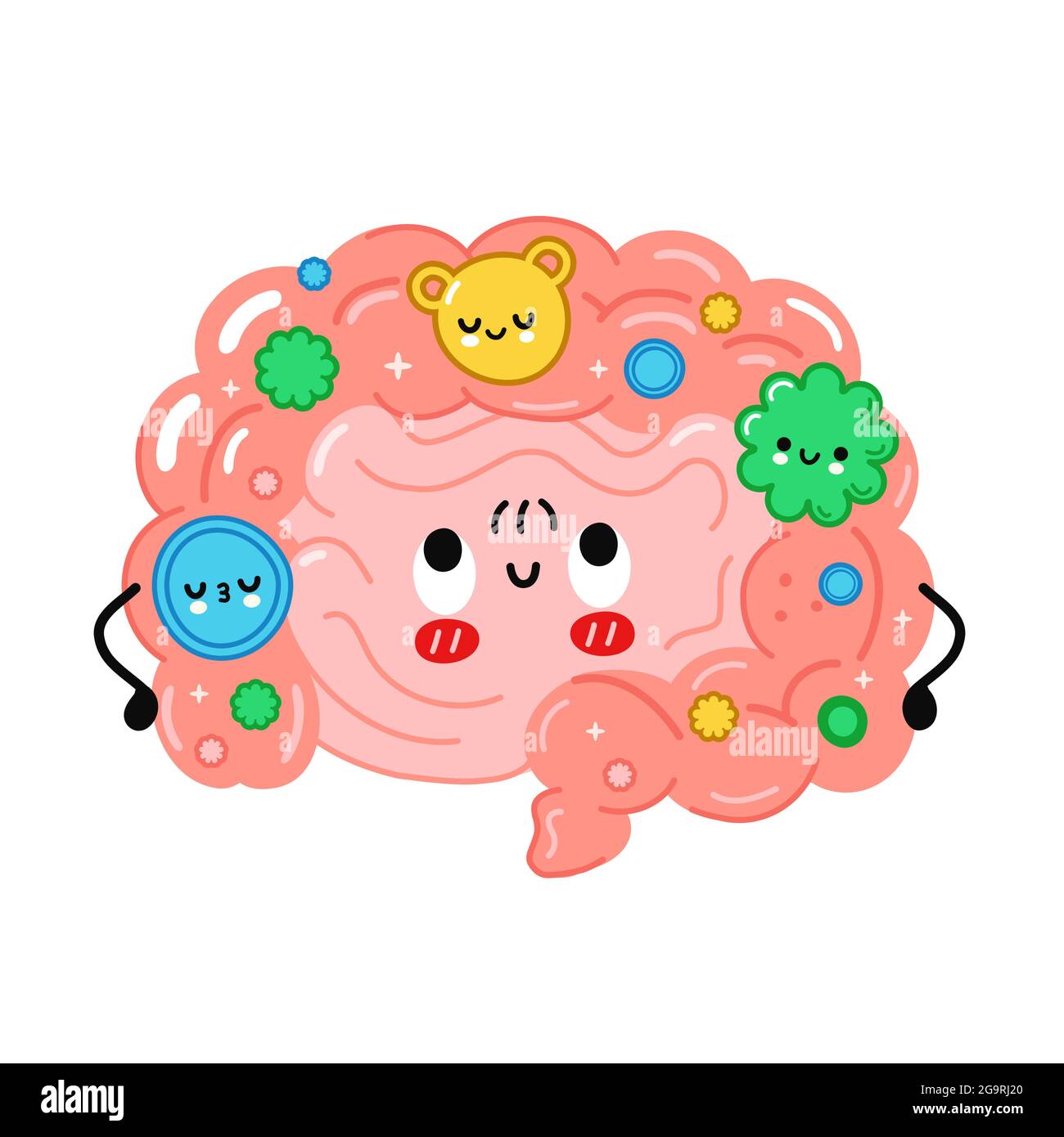 Cute funny intestine organ with good bacterias,microflora. Vector hand drawn cartoon kawaii character illustration. Isolated on white background. Intestine,microflora,probiotics character concept Stock Vector