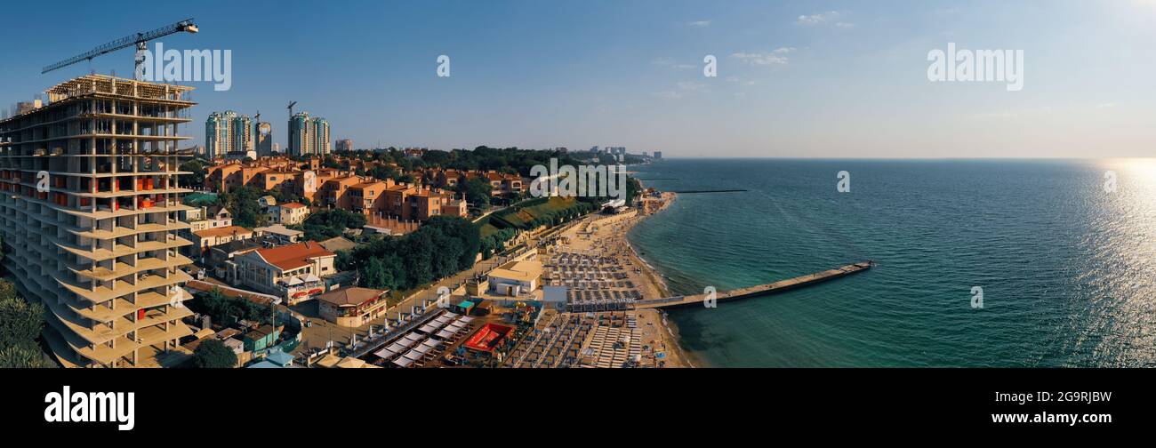 Air panorama the Golden shore beach in Odessa Ukrane. Drone footage, natural light. Stock Photo