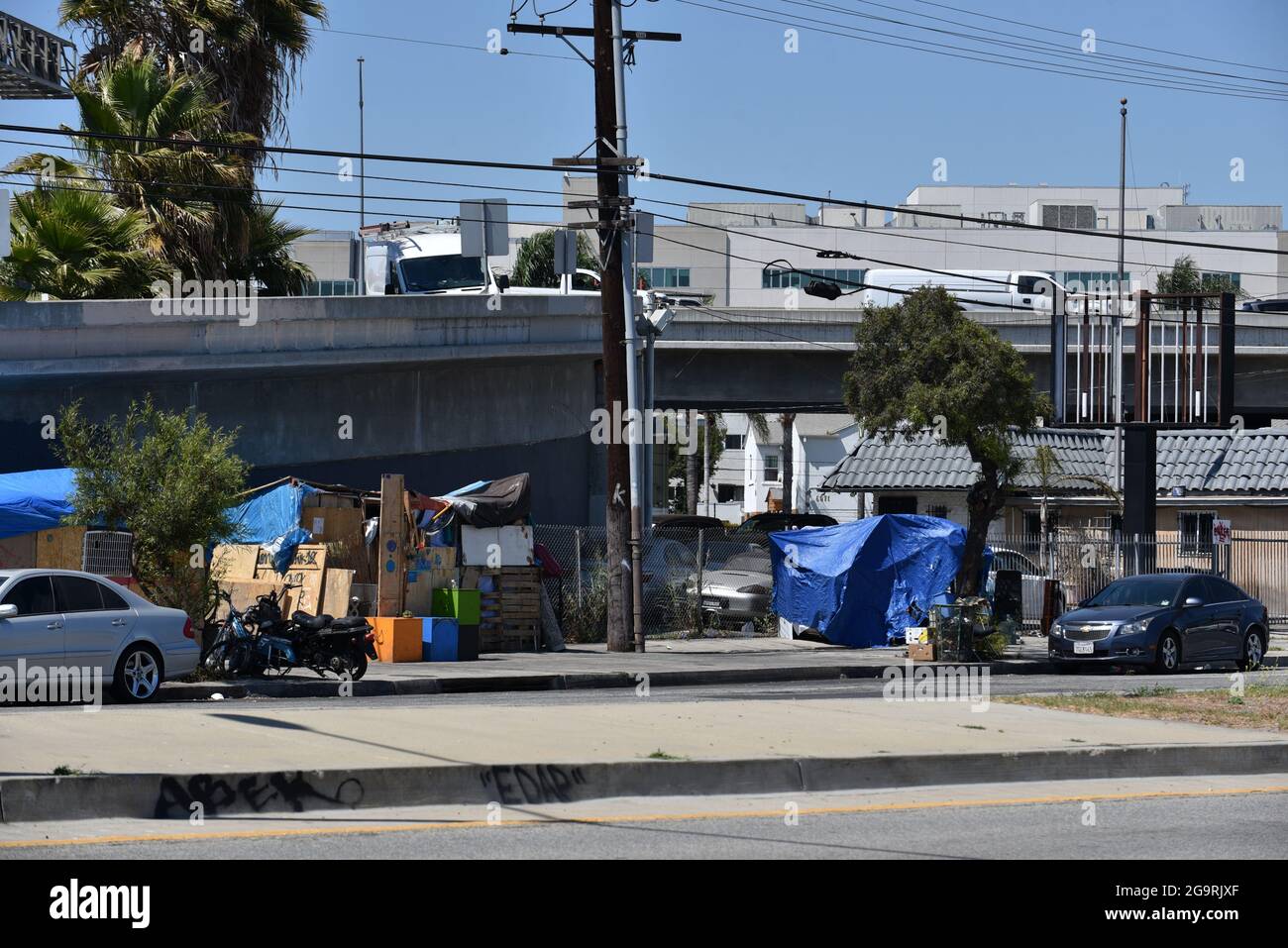 Los Angeles, CA USA June 30, 2021Plywood shantytown shelters for the