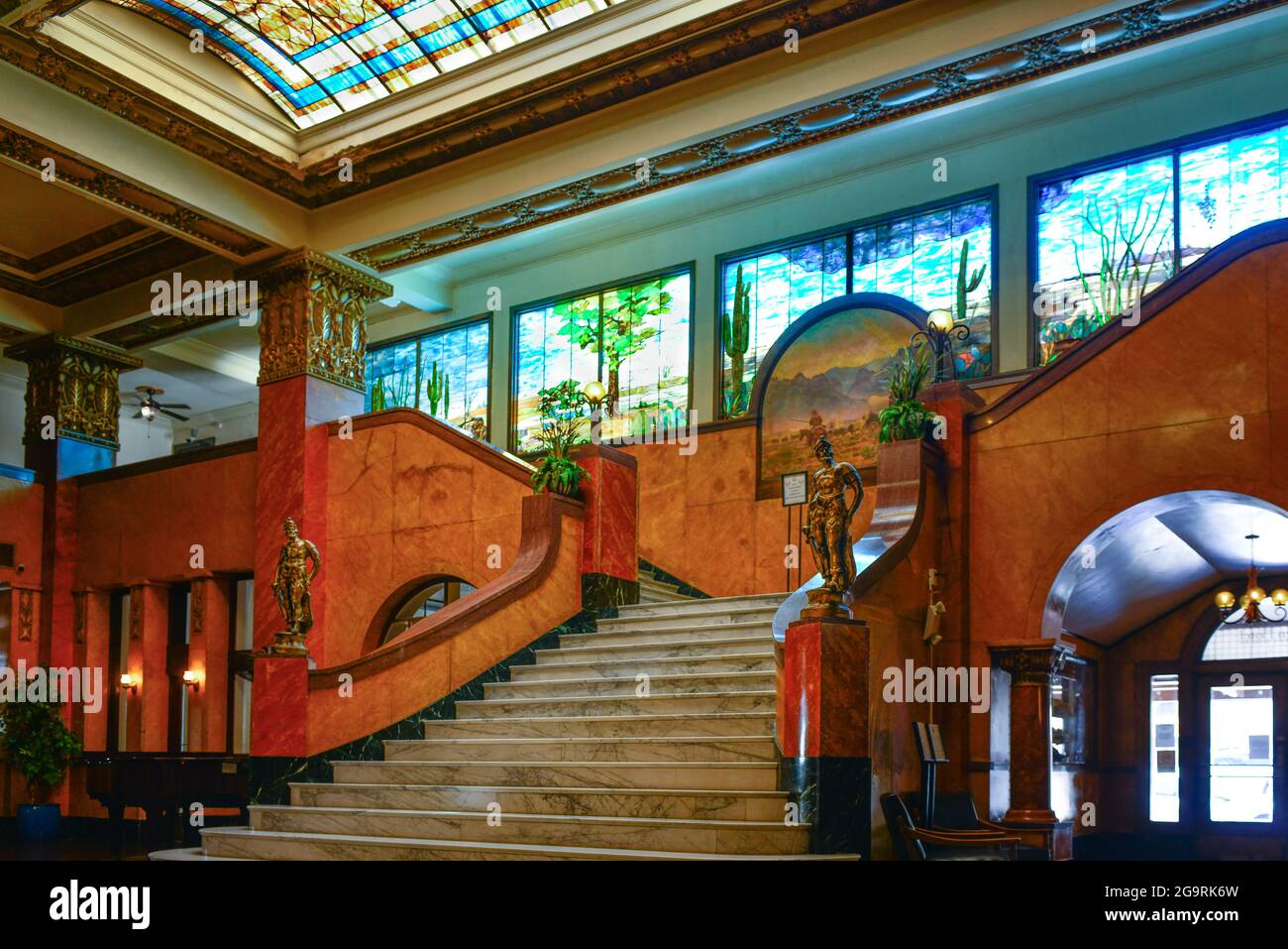 Opened in 1907, the ornate lobby of the landmark Gadsden Hotel with it's grand staircase in the Mexican border town of Douglas, AZ Stock Photo