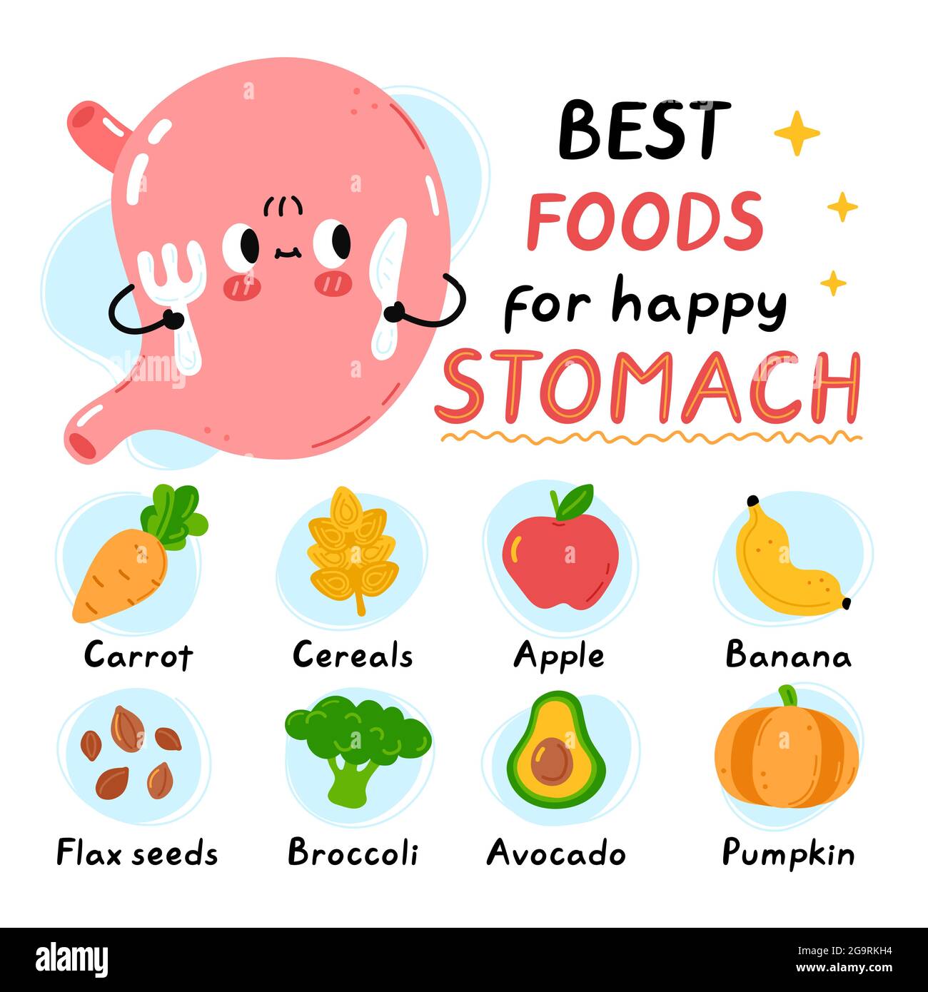 Cute stomach with fork and knife. Best foods for happy healthy stomach infographic. Vector flat doodle cartoon kawaii character illustration icon. Isolated on white background.Healthy food infographic Stock Vector