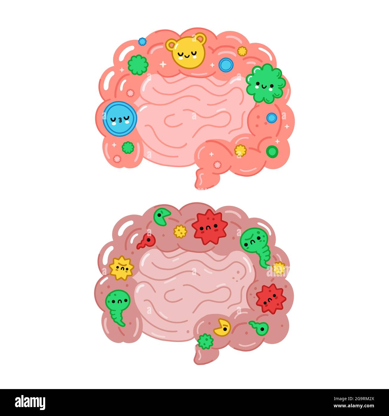 Healthy and unhealthy intestine organ with good bacterias,microflora. Vector hand drawn cartoon illustration. Isolated on white background. Intestine,good,bad microflora,probiotics character concept Stock Vector