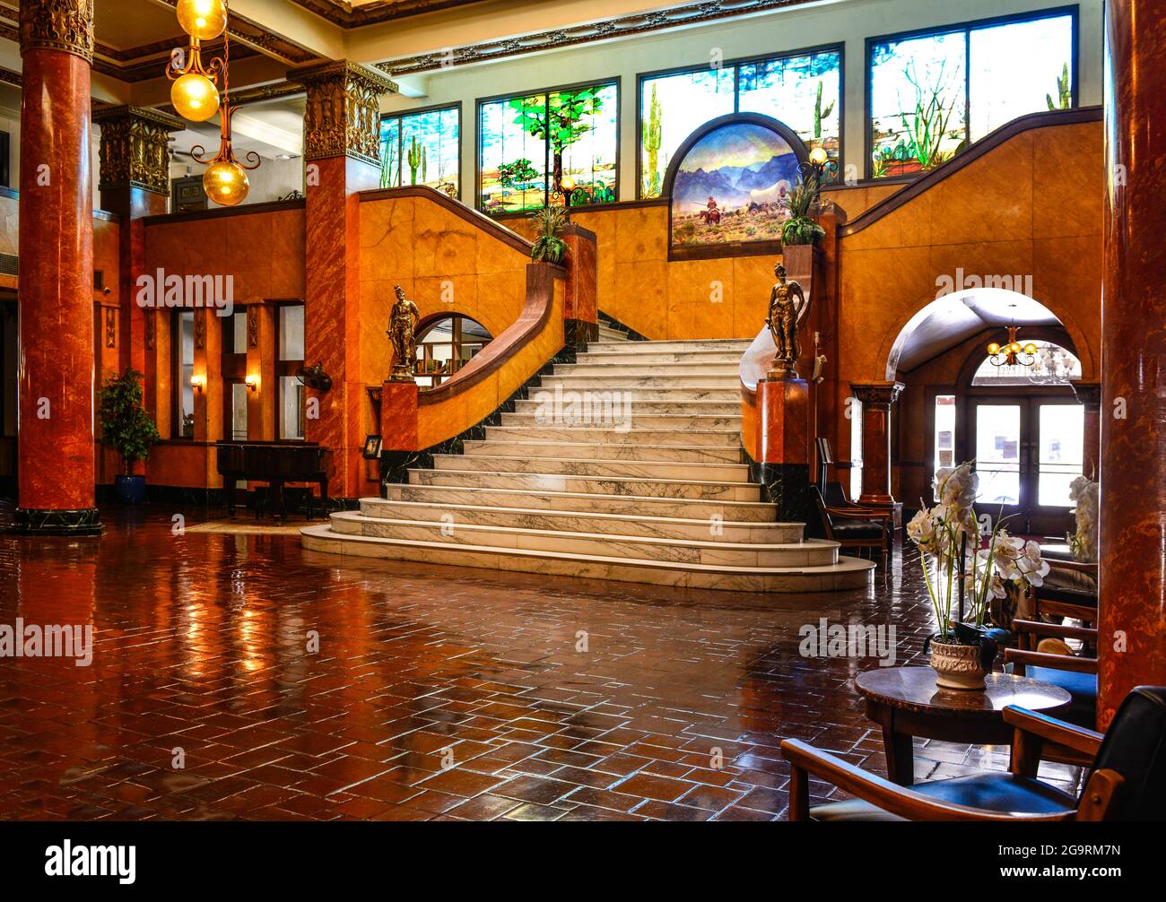 Opened in 1907, the ornate lobby of the storied landmark Gadsden Hotel with it's grand staircase in the Mexican border town of Douglas, AZ, USA Stock Photo
