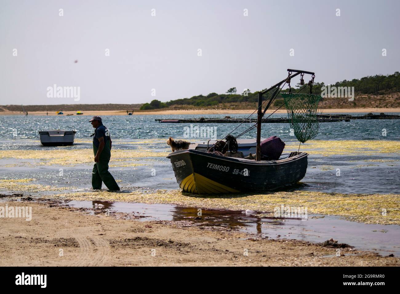 Lagoa (“Lagoon”) de Albufeira is situated on the western side of the Setúbal Peninsula. Fisherman working with his dog on the boat. Prow of a boat. Stock Photo