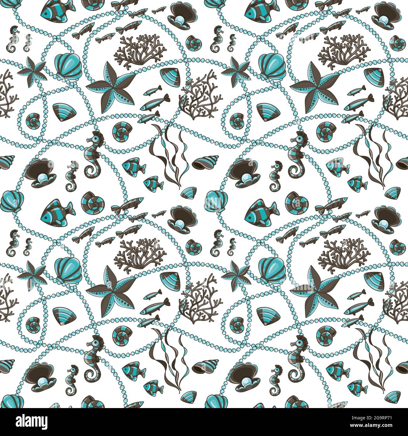Seamless pattern with seashells, corals and starfishes. Stock Vector