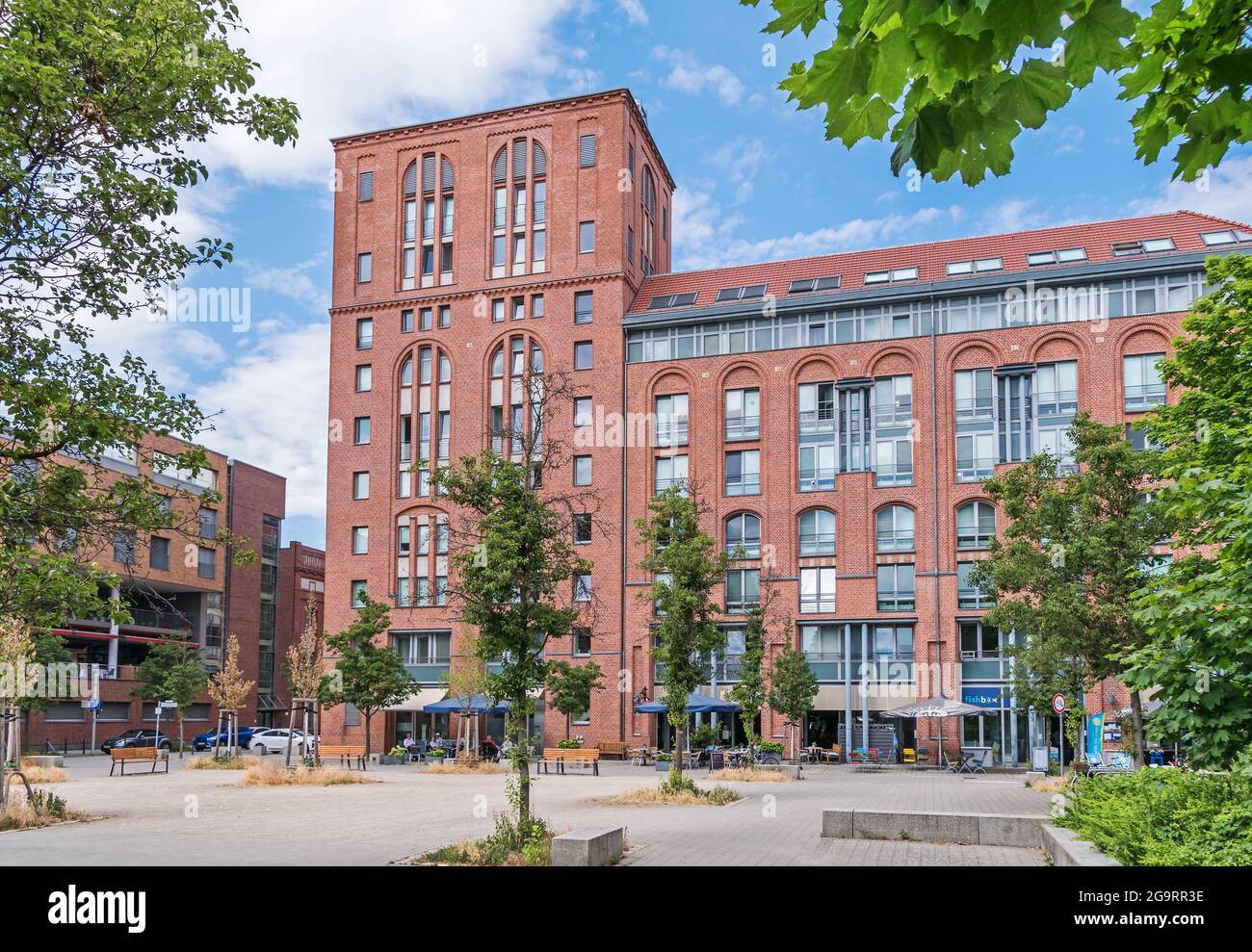 Berlin, Germany - June 28, 2021: Frieda-Arnheim-Promenade, a part of the Schultheiss neighborhood in the public project 'Wasserstadt Spandau', which a Stock Photo