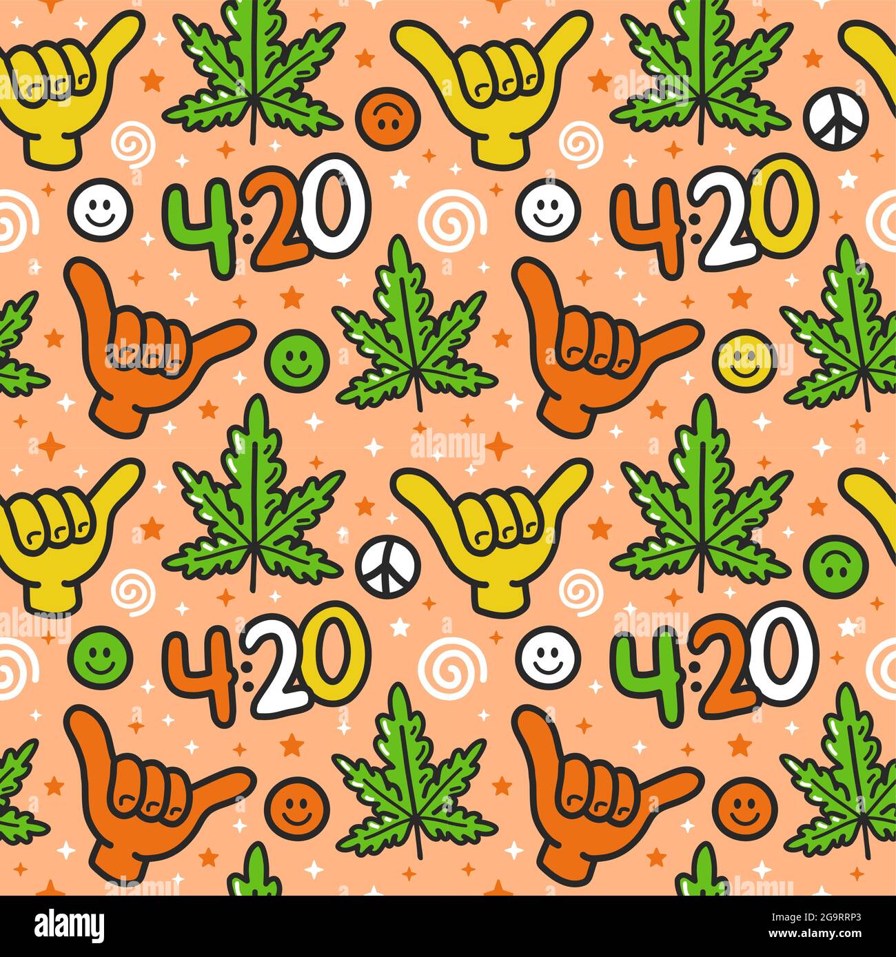 Funny weed marijuana, shaka gesture,420 seamless pattern. Vector hand drawn doodle outline cartoon kawaii character illustration. Trippy,weed,420, shaka, cannabis leaf cartoon seamless pattern concept Stock Vector