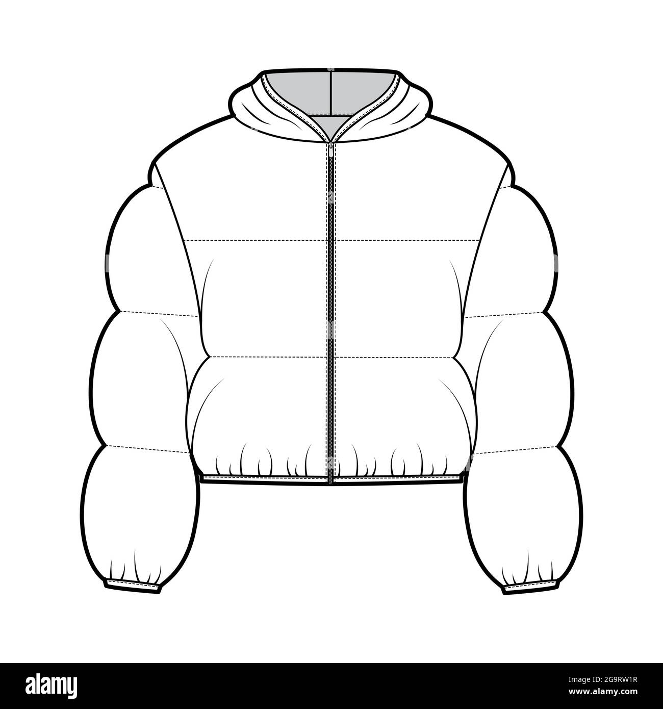 Hooded jacket Down puffer coat technical fashion illustration with long  sleeves, zip-up closure, boxy fit, crop length, wide quilting. Flat template  front, white color. Women, men top CAD Stock Vector Image &