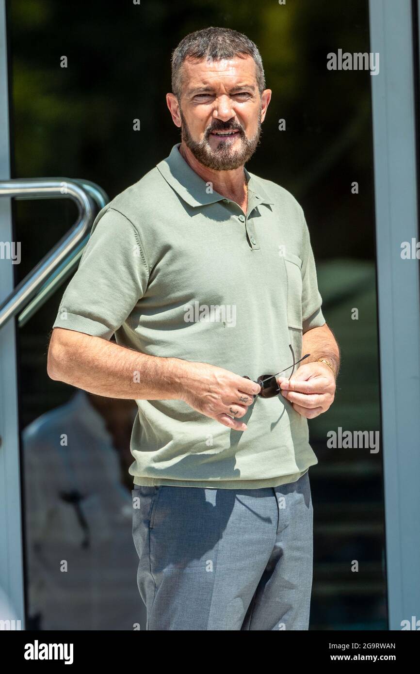 Thessaloniki, Greece - July 3, 2021. Spanish actor, Antonio Banderas (C), during the filming of the action thriller, The Enforcer, in the streets of T Stock Photo