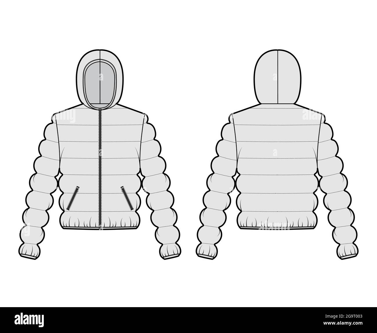 Hooded jacket Down puffer coat technical fashion illustration with zip ...