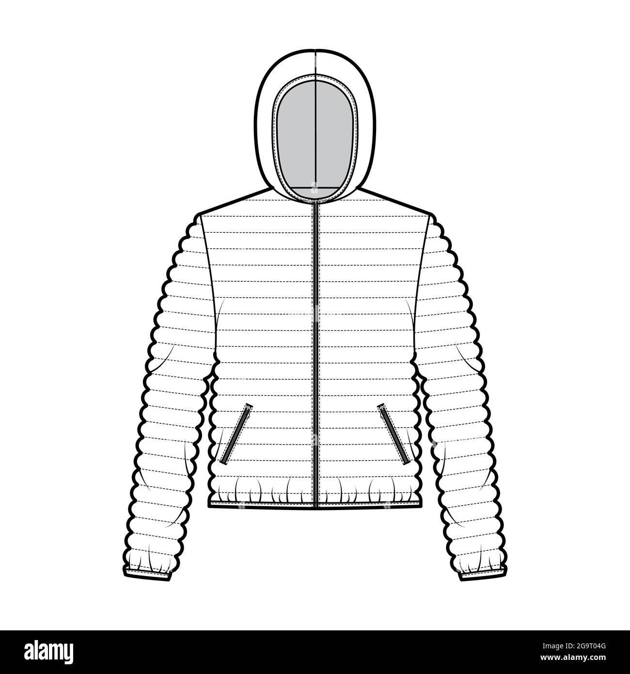 Hooded jacket Down puffer coat technical fashion illustration with long  sleeves, zip-up closure, boxy fit, crop length, wide quilting. Flat  template front, back, white color. Women, men top CAD Stock Vector Image