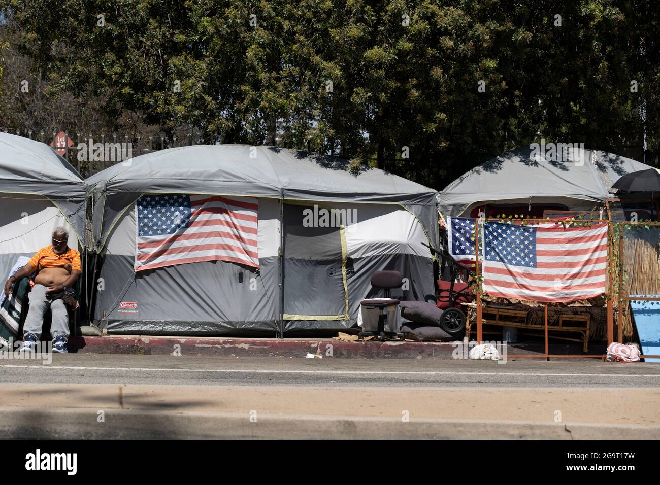 Los Angeles, CA USA - Julyl 3, 2021: Homeless veteran beside his tent ...