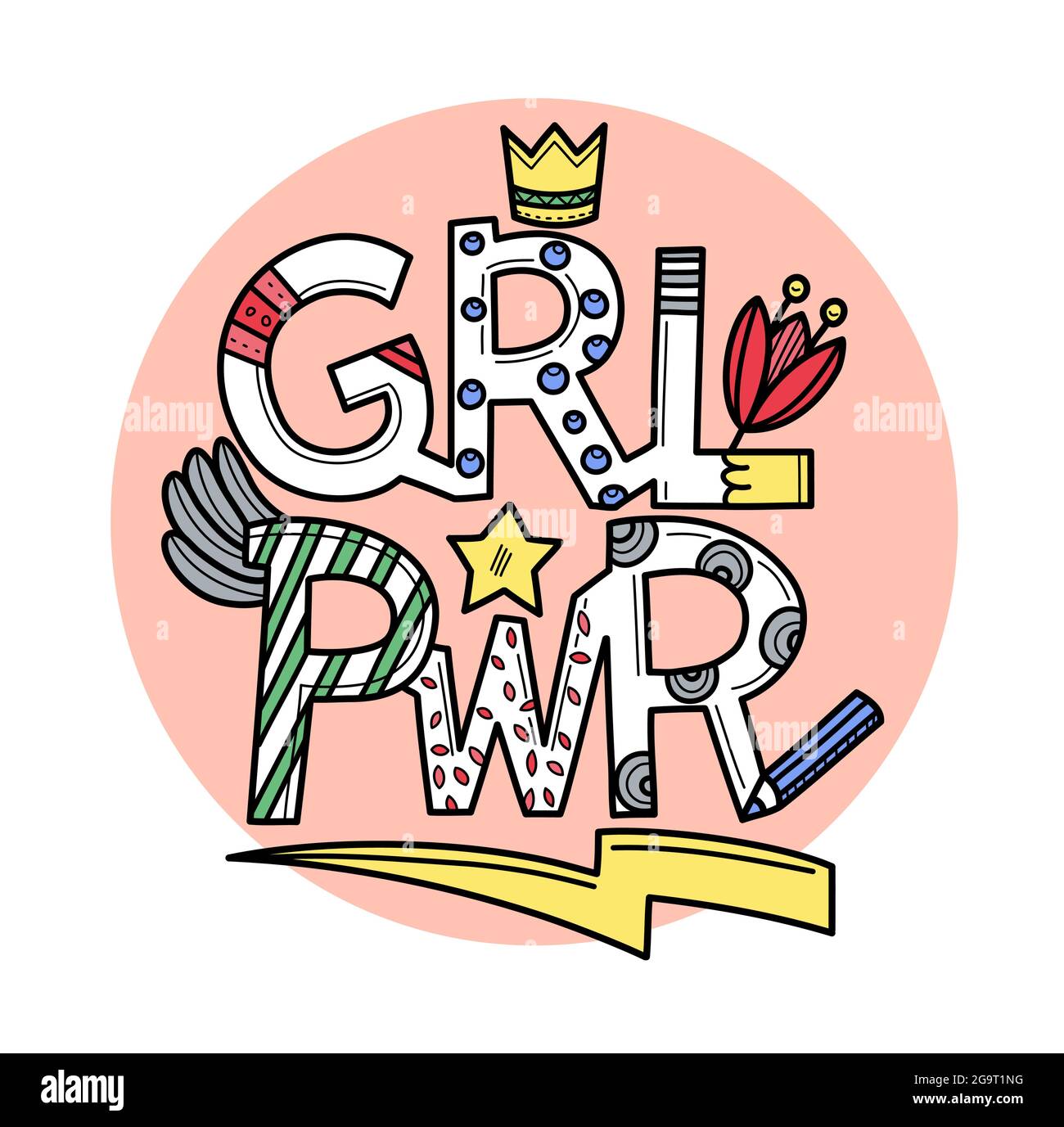 GRL PWR lettering girl power feminist colored slogan doodle style Stock Vector
