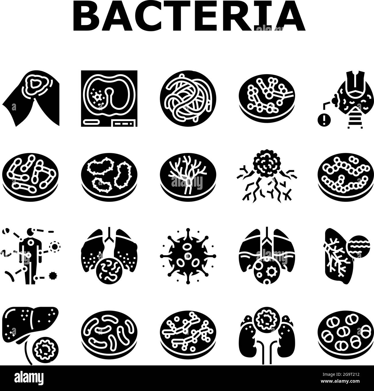 Bacteria Infection Collection Icons Set Vector. Candida Bacteria And Plague, Cancer Cell And Thyroid Disease, Cutaneous Mucormycosis And Parasit Worms Stock Vector