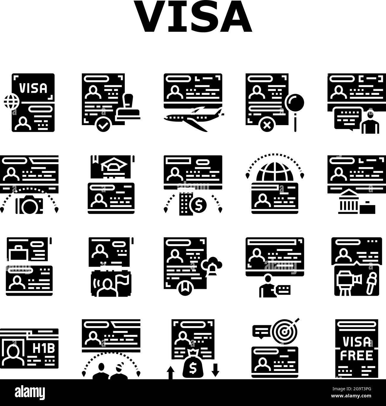 Visa For Traveling Collection Icons Set Vector. Business And Transit Visa, Permitting Document For Business Trip And Vacation, Political And Marriage Stock Vector