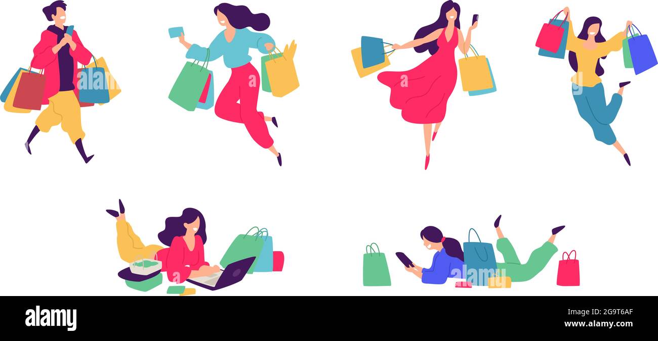 Cheerful shoppers characters illustration. Vector. Happy people with purchases. Buyers with goods and packages. Each hero is isolated on a white backg Stock Vector