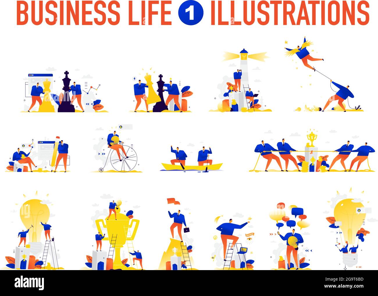 Illustrations of businessmen in different situations. People achieve their goals and make a career. Search for ideas. Solving tasks and problems. Busi Stock Vector