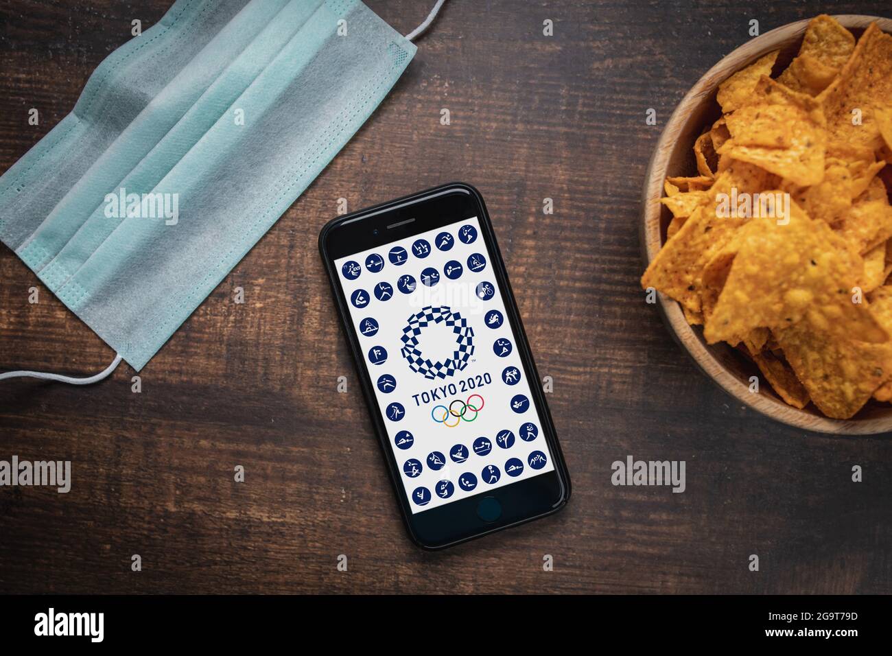 Antalya, Turkey - July 28, 2021: Cell phone showing Official logo of the Tokyo 2020 Summer Olympic Games Stock Photo