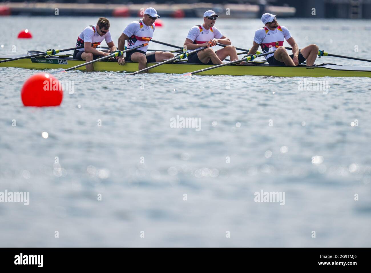 TOKYO, JAPAN - JULY 28: Tim Ole Naske, Karl Schulze, Hans Gruhne and Max Appel of Germany competing on Men's Quadruple Sculls Final B during the Tokyo 2020 Olympic Games at the Sea Forest Waterway on July 28, 2021 in Tokyo, Japan (Photo by Yannick Verhoeven/Orange Pictures) Stock Photo