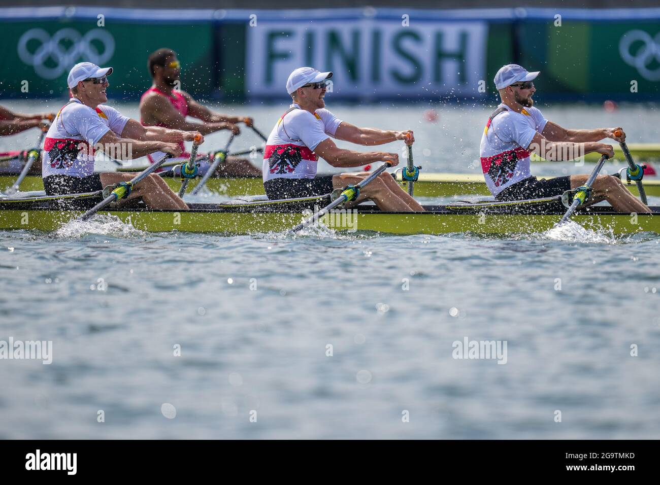 TOKYO, JAPAN - JULY 28: Tim Ole Naske, Karl Schulze, Hans Gruhne and Max Appel of Germany competing on Men's Quadruple Sculls Final B during the Tokyo 2020 Olympic Games at the Sea Forest Waterway on July 28, 2021 in Tokyo, Japan (Photo by Yannick Verhoeven/Orange Pictures) Stock Photo