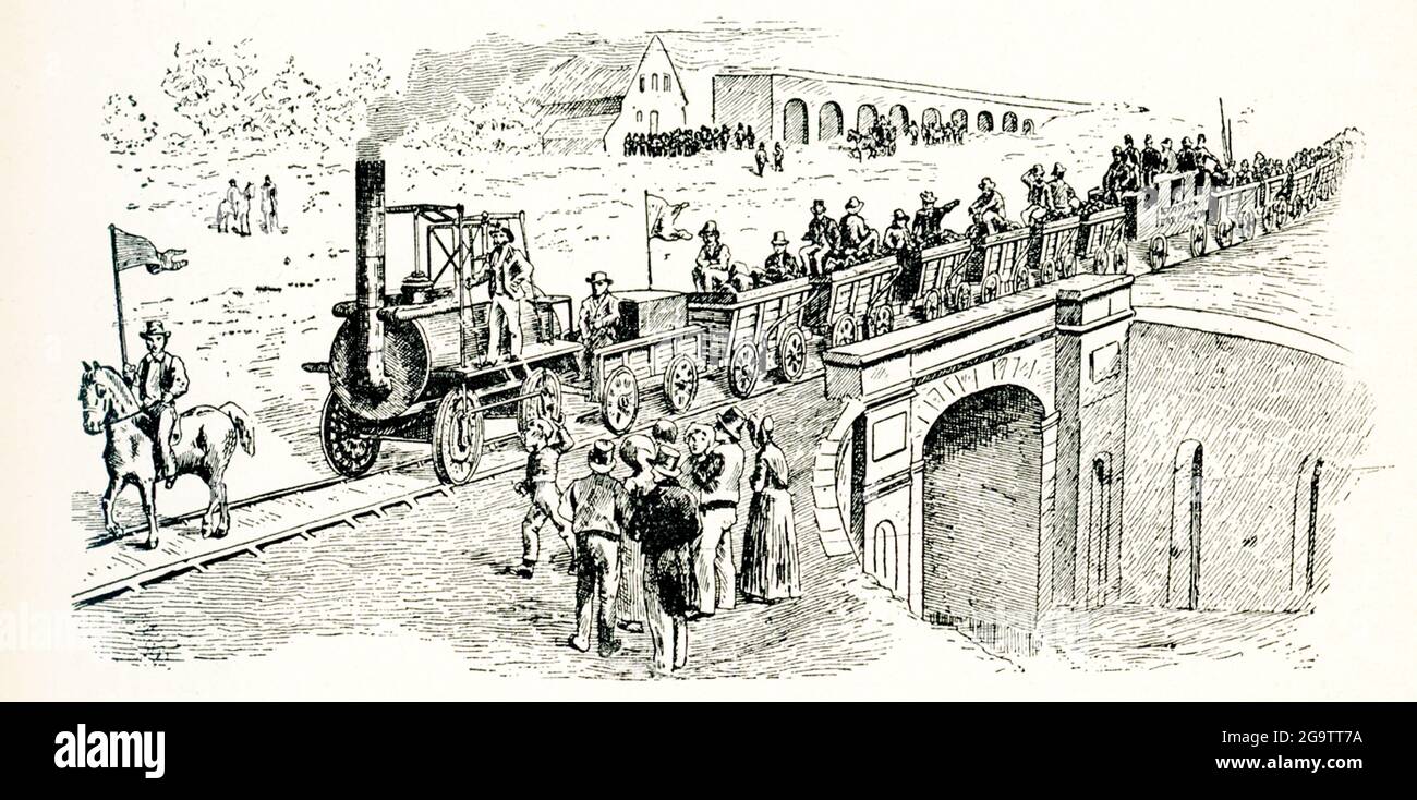 First Train on the Stockton and Darlington Railway - 1825 drawn by Stevenson’s ‘No. 1’. The world's first public railway to use steam locomotives, its first line connected collieries (a coal mine and the buildings and equipment associated with it) near Shildon with Darlington and Stockton-on-Tees in County Durham, and was officially opened on 27 September 1825. Locomotion No. 1 hauled the first train on the Stockton and Darlington Railway, and became the first locomotive to run on a public railway.Locomotion No 1, which was originally named 'Active,' was an early British steam locomotive train Stock Photo