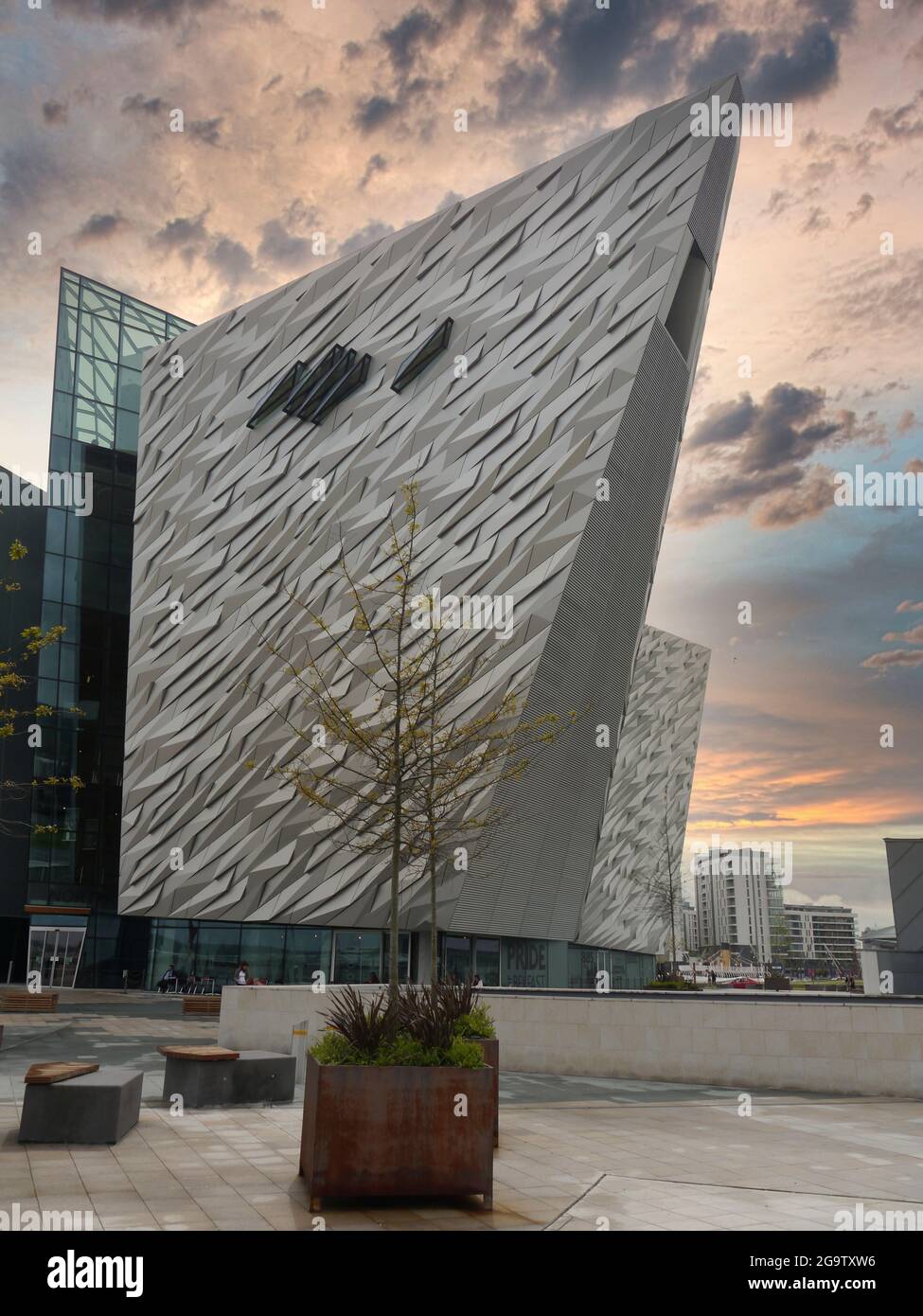 Titanic Belfast is built with each corner edge representing the height shape and size of the Titanic bow. A building of great innovation and design. Stock Photo