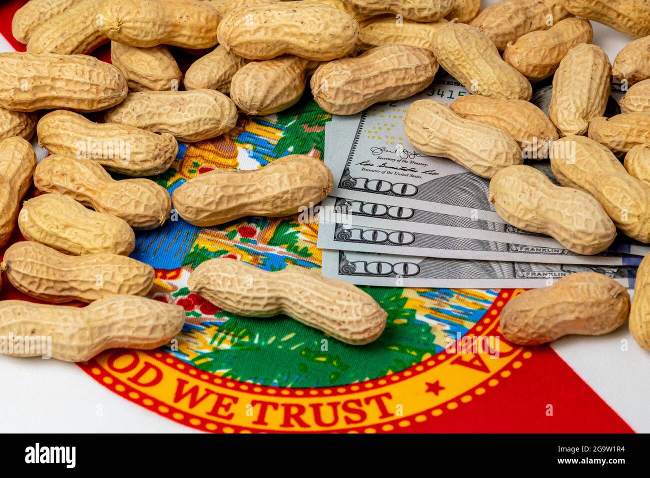 Peanuts in shell on flag of Florida with cash money. Concept of peanut farming, trade, tariffs and market price Stock Photo