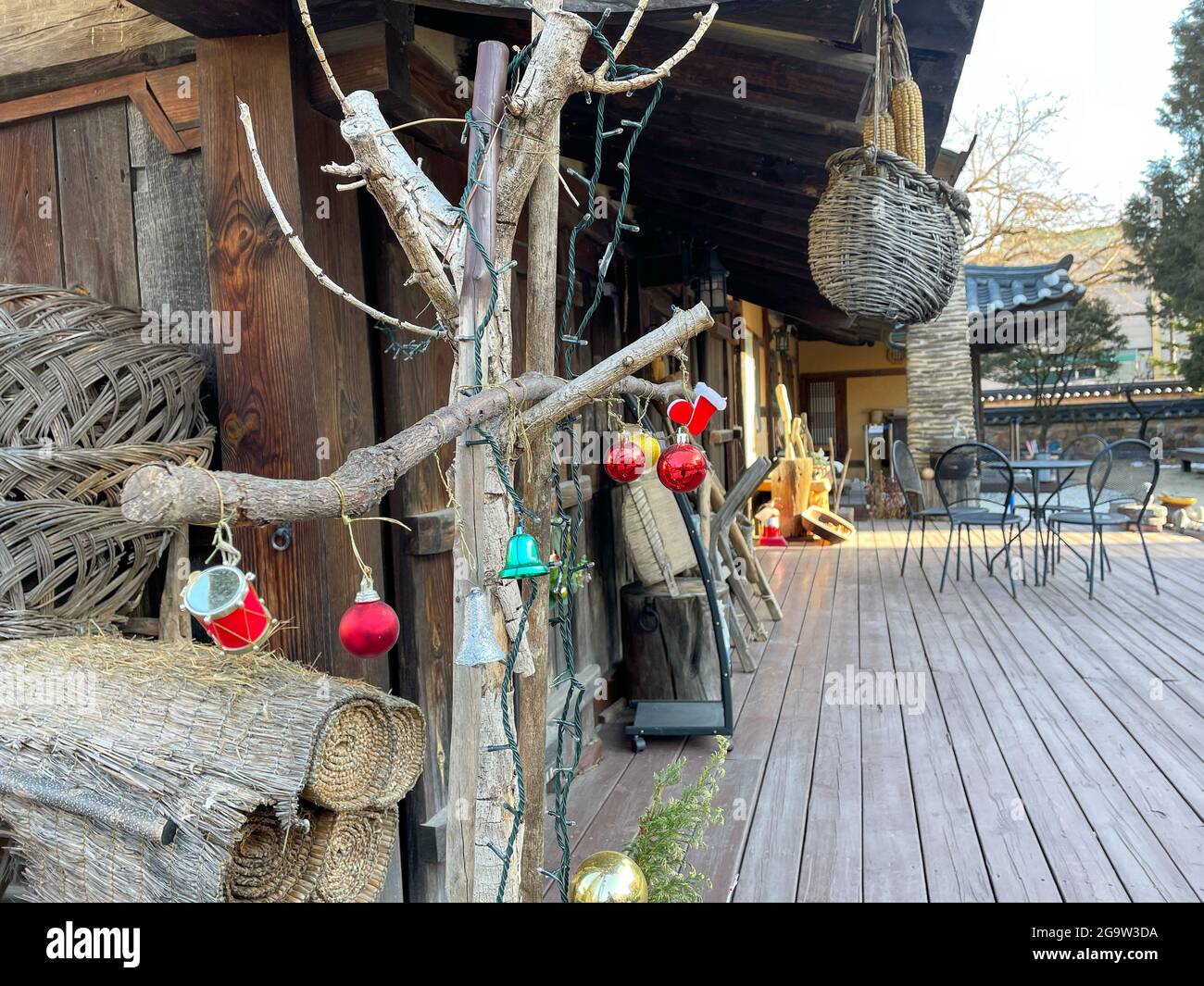 There is the tranditional Korean-style house(Hanok) guest house 'Sanyoujae' in Gangwon-do in South Korea. Stock Photo