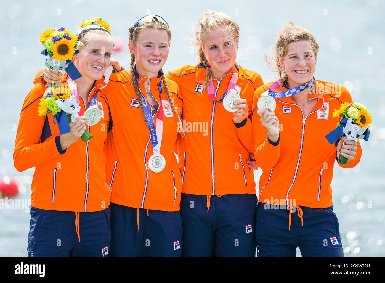 Tokyo Japan July 28 Ellen Hogerwerf Karolien Florijn Ymkje Clevering And Veronique Meester Of The Netherlands With Their Silver Medals Competing On Women S Four Final A During The Tokyo 2020 Olympic