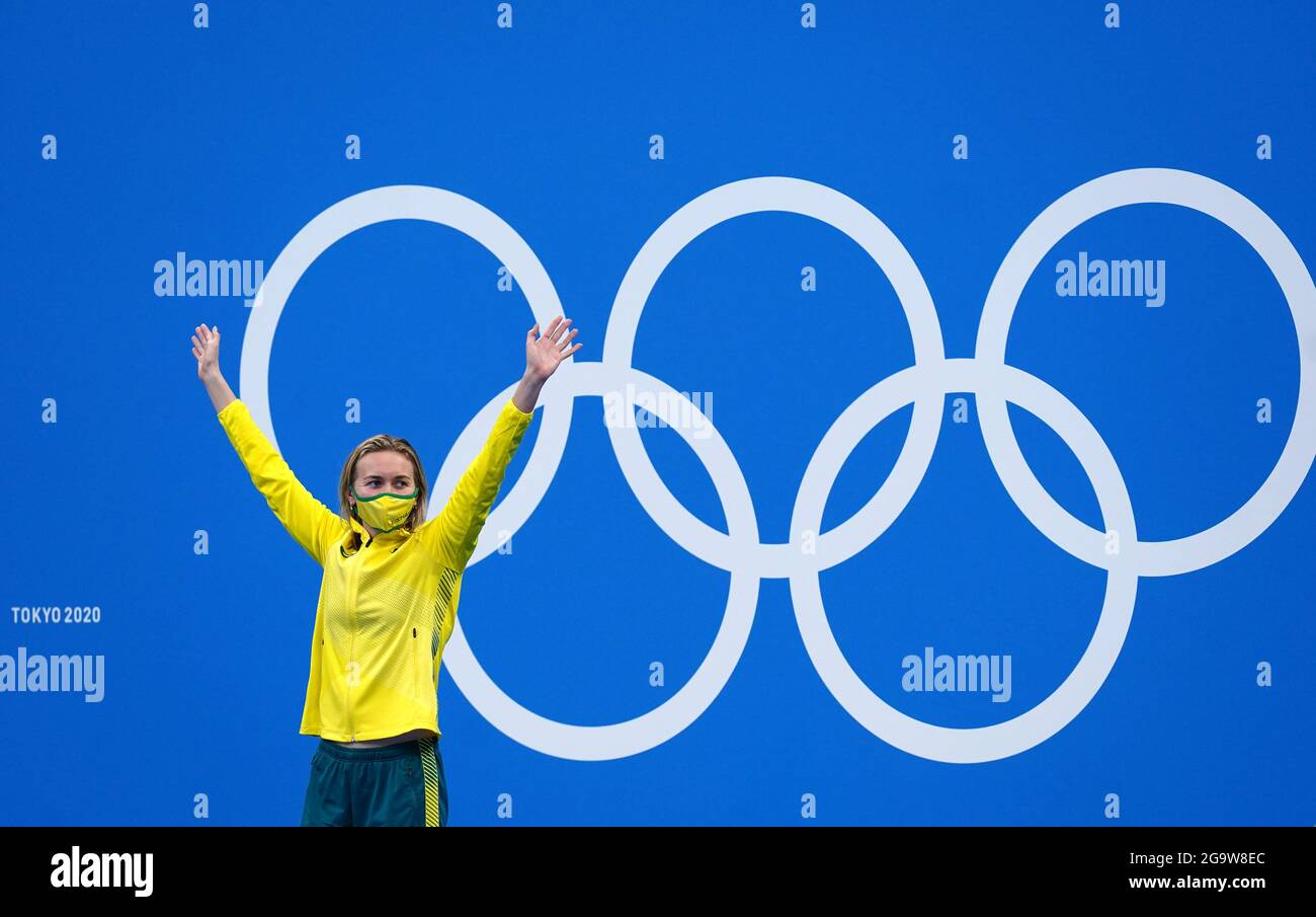 Australia's Ariarne Titmus celebrates her gold medal in the Women's 200m freestyle during the (EVENT) at Tokyo Aquatics Centre on the fifth day of the Tokyo 2020 Olympic Games in Japan. Picture date: Wednesday July 28, 2021. Stock Photo