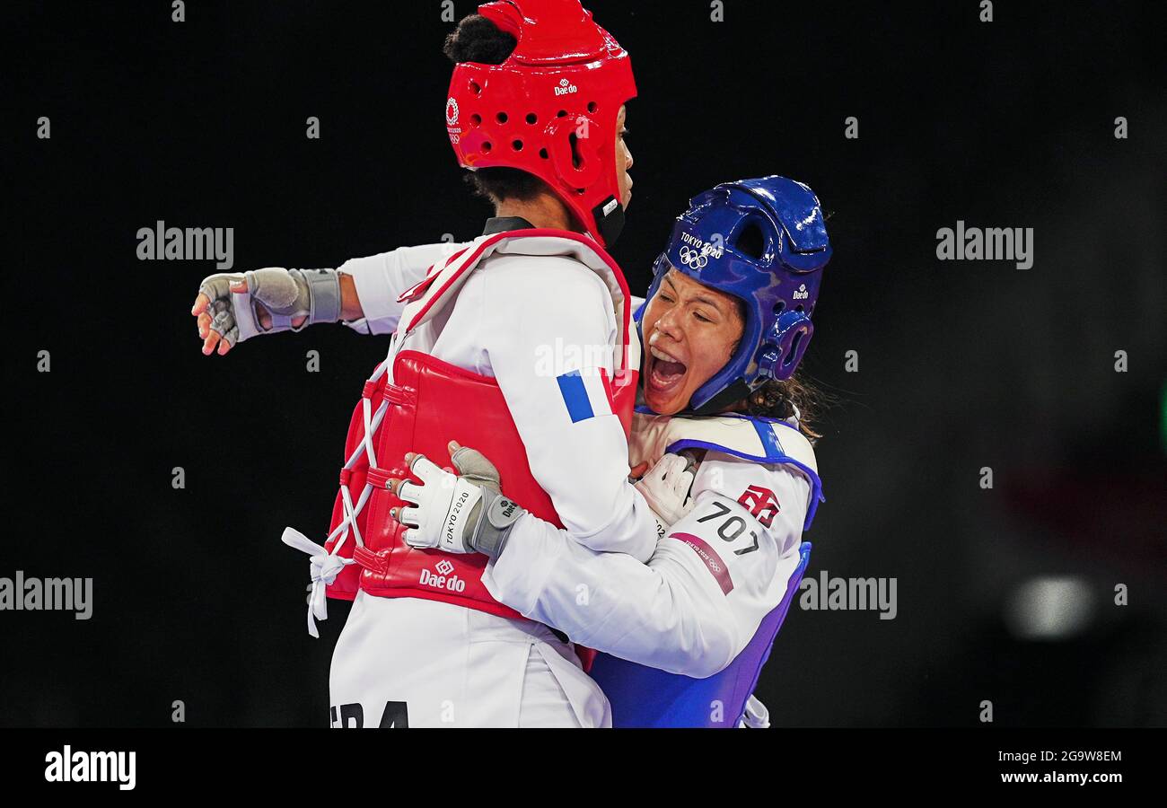 July 27, 2021: Althea Laurin from France and Briseida Acosta from Mexico during Taekwondo at the Tokyo Olympics at Makuhari Messe Hall A, Tokyo, Japan. Kim Price/CSM Stock Photo