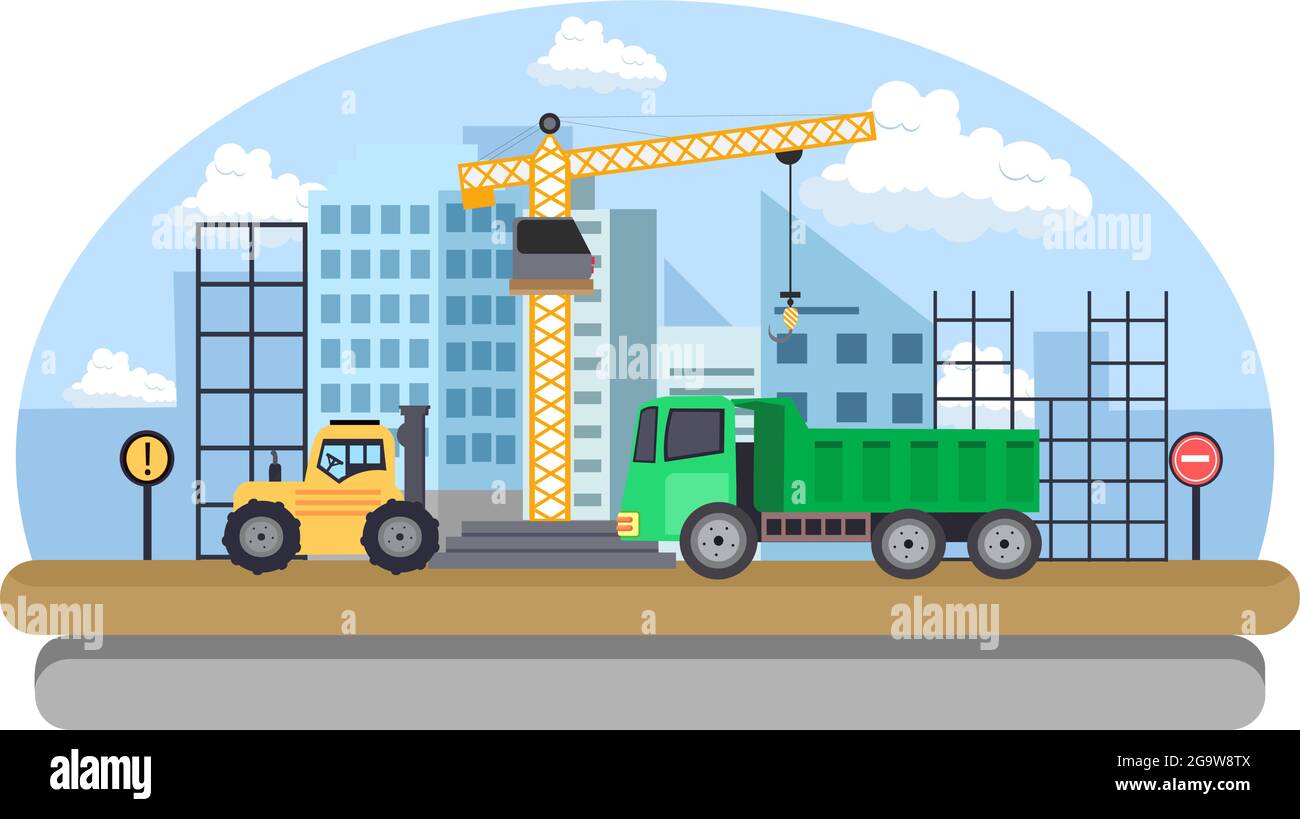 Construction of Building Vector illustration. Architecture Makes Foundation, Pours Concrete, Excavator Digs, Use Machine Digging hole and Tower Cranes Stock Vector