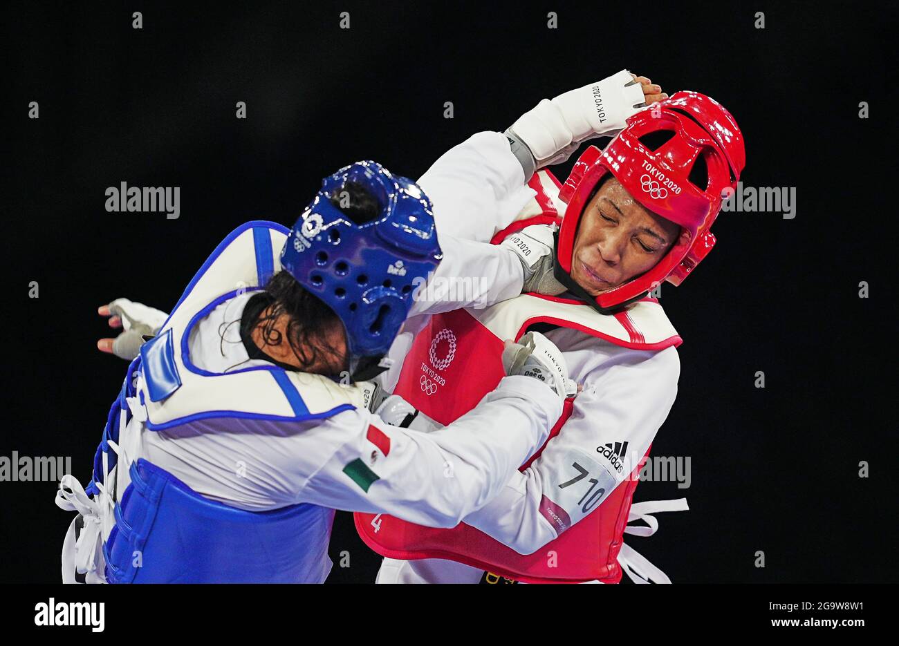 July 27, 2021: Althea Laurin from France and Briseida Acosta from Mexico during Taekwondo at the Tokyo Olympics at Makuhari Messe Hall A, Tokyo, Japan. Kim Price/CSM Stock Photo